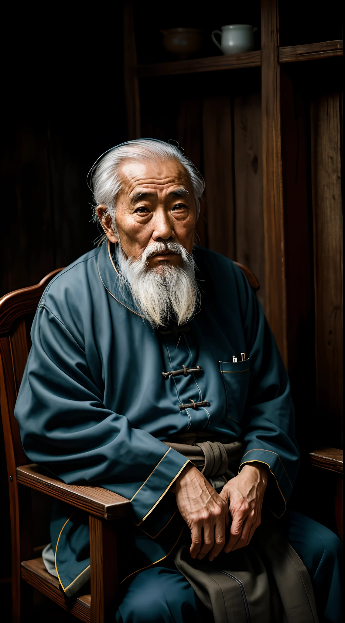 Chinese old man，sbeard，Wrinkles，Weathered，with piercing eyes，详细的脸，Sit in a chair and take a full-body photo，high detal，photography of，Dark Studio，rim-light，Nikon D850，50 millimeters，f / 1.4