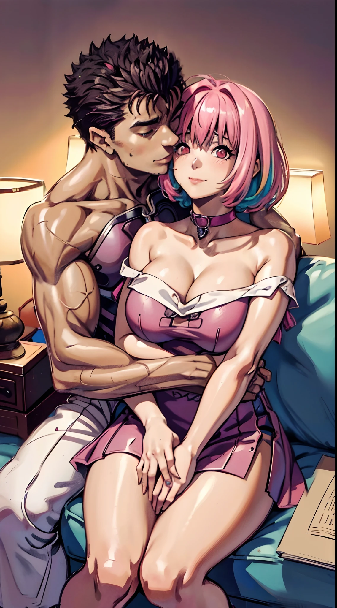 riamu,guts,couple,husband and wife,love dovey couple,sitting,hug,kiss,smile,(best quality,4k,8k,highres,masterpiece:1.2),mega-detailed,(,1.37),portraits,vivid colors,warm tones,soft lighting