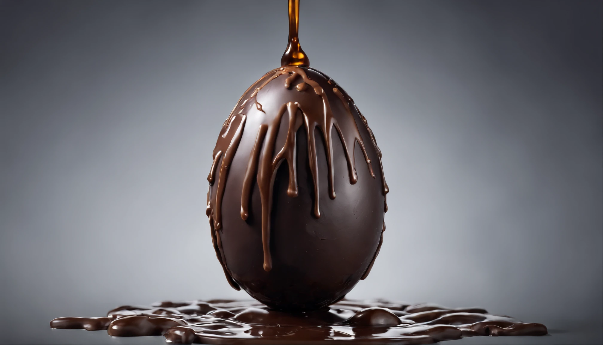 Capture a melting chocolate Easter egg, highlighting the delicious drips and oozing texture, evoking the desire to take a bite.