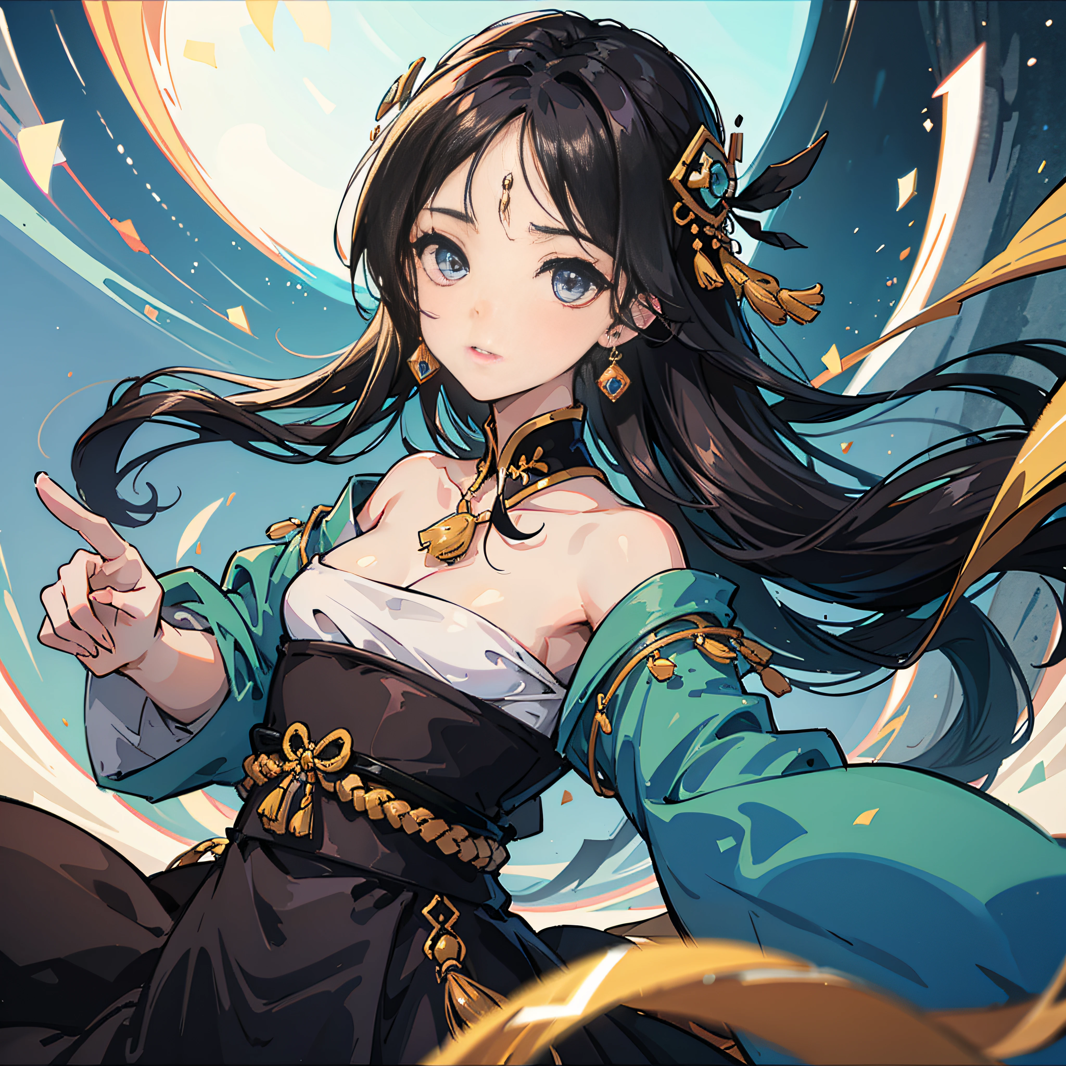 (RAW photo, best quality), (realistic, photo-realistic:1.3),best quality,highly detailed,masterpiece,ultra-detailed,illustration,1girl,upper_body,dynamic angle,world masterpiece theater,messy_long_hair,best quality,extremely detailed CG unity 8k wallpaper,ink,Amazing,cinematic lighting,lens_flare, dunhuang_style