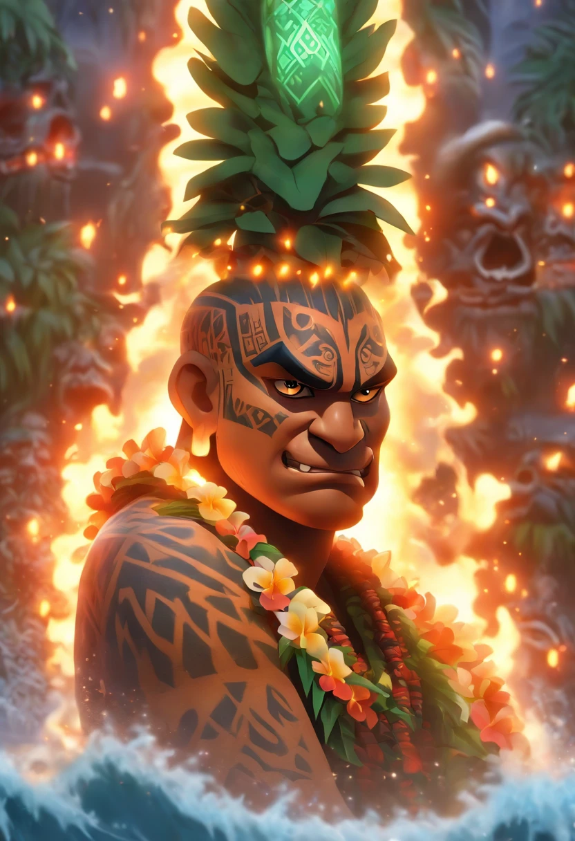 (((Hawaiian Ritual))) best quality, ultra-high resolution, 4K detailed CG, master piece, Hawaiian priest, underworld, dark atmosphere, Dark weather, Hawaiian clothing, Hawaii, Maori tattoos, Maori mythology, ((Maori Totem) ), Maori picture style, aesthetic, screen-centered