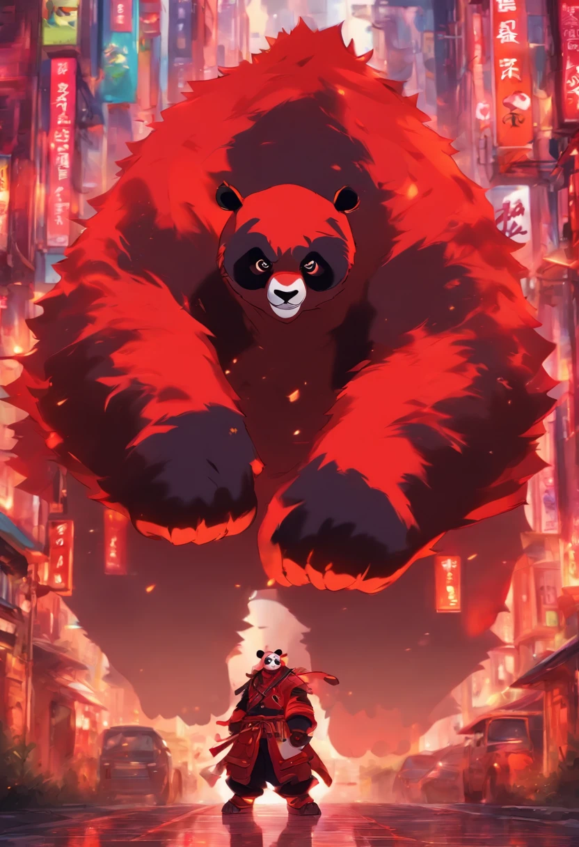 Panda beastman em quimono vermelho, em uma postura de luta, em uma rua, to stand, Panda gigante, Feroz, olhos vermelhos, cicatrizes