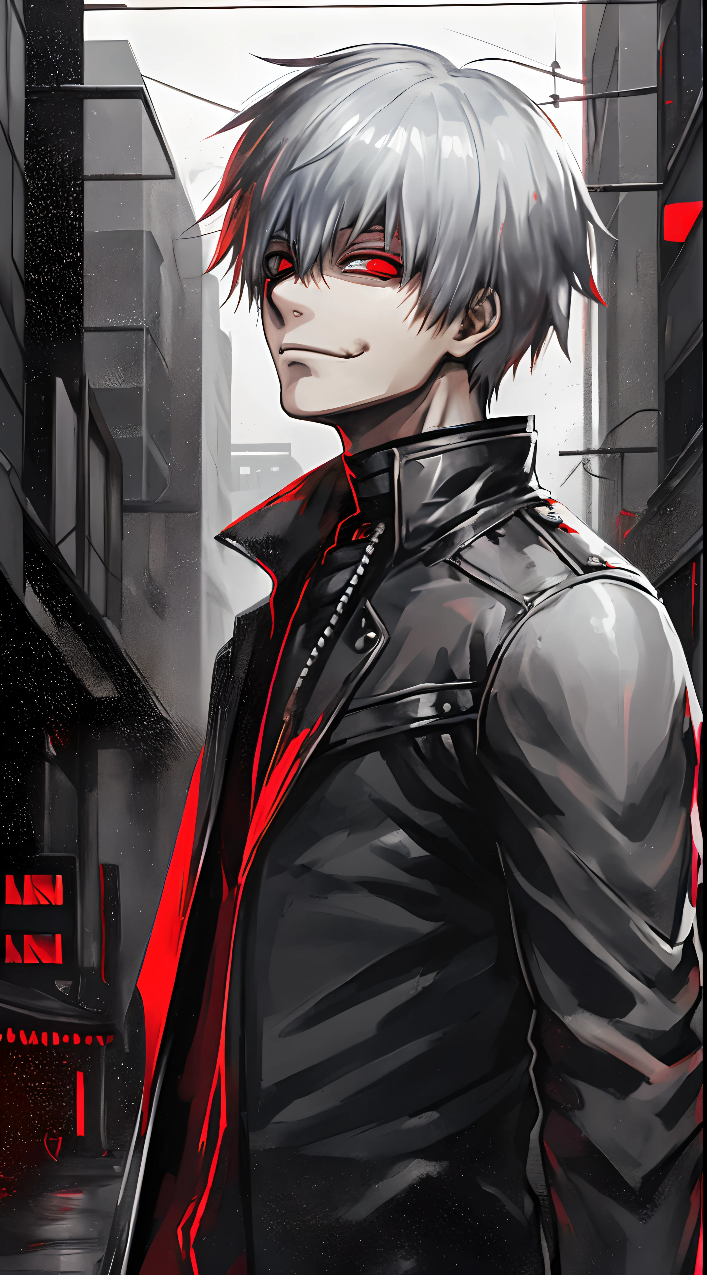 (character: Kaneki_ken), red eyes, silver hair, male character, solo, red and black color scheme, intense gaze, dark and gritty atmosphere, urban setting, dramatic lighting, mysterious smile, Tokyo cityscape, Drizzling,