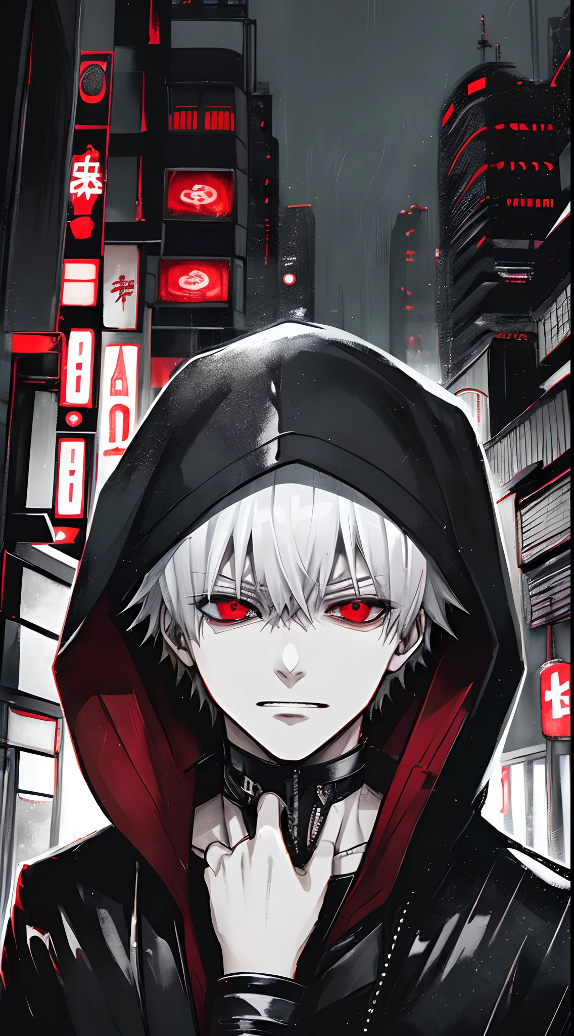 (character: Kaneki_ken), red eyes, silver hair, male character, solo, rain, hood up, red and black color scheme, intense gaze, dark and gritty atmosphere, urban setting, dramatic lighting, mysterious smile, Tokyo cityscape, Drizzling,