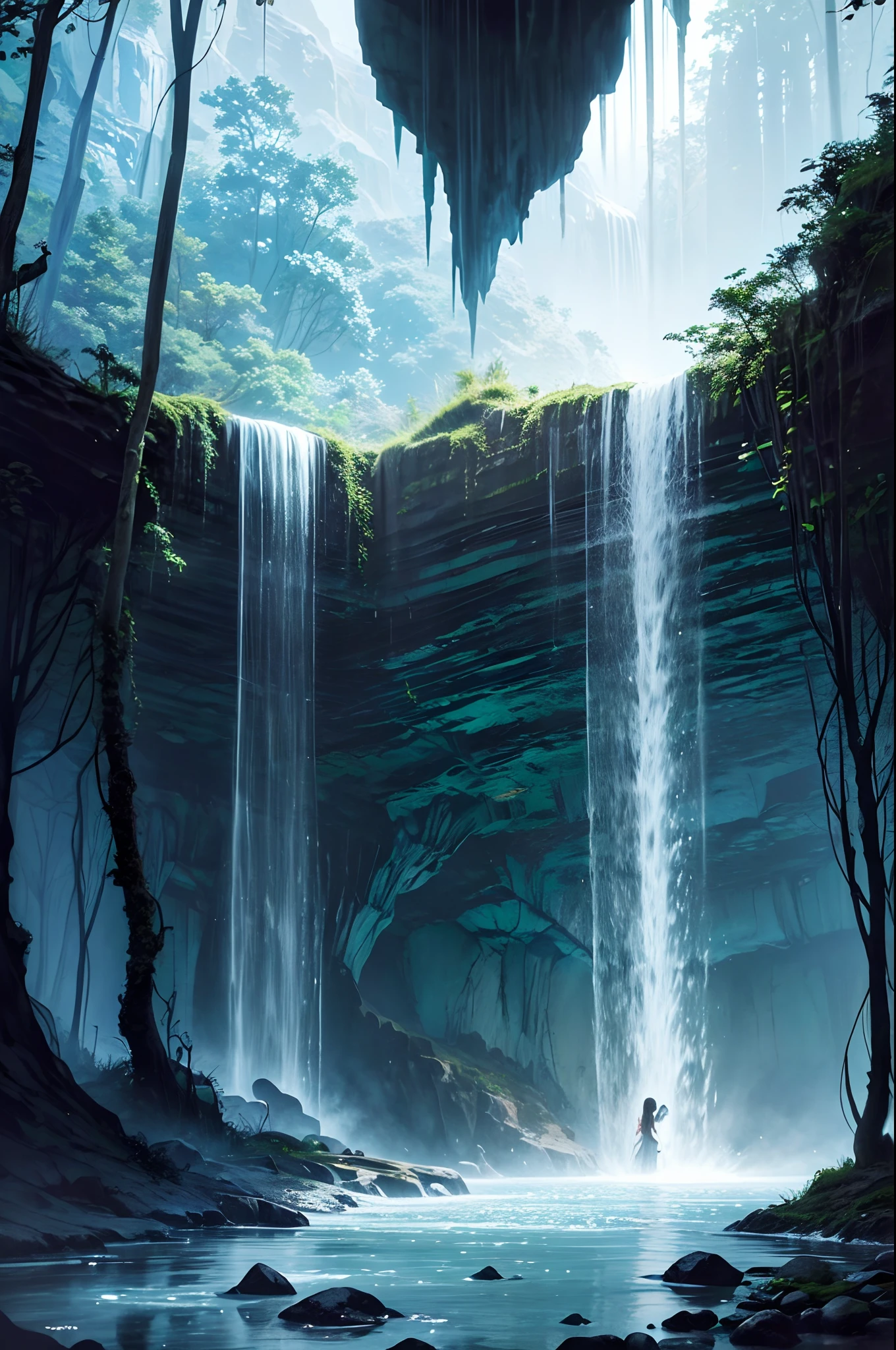 An enchanting photograph of a "Waterfall Shower Girl Cave" in the early morning mist. The cave is carved into a rocky cliff, and the waterfall gracefully descends, creating a curtain of crystal-clear water. The girl within the cave stands under the shower, her silhouette visible through the water's flow, surrounded by the ethereal glow of dawn.