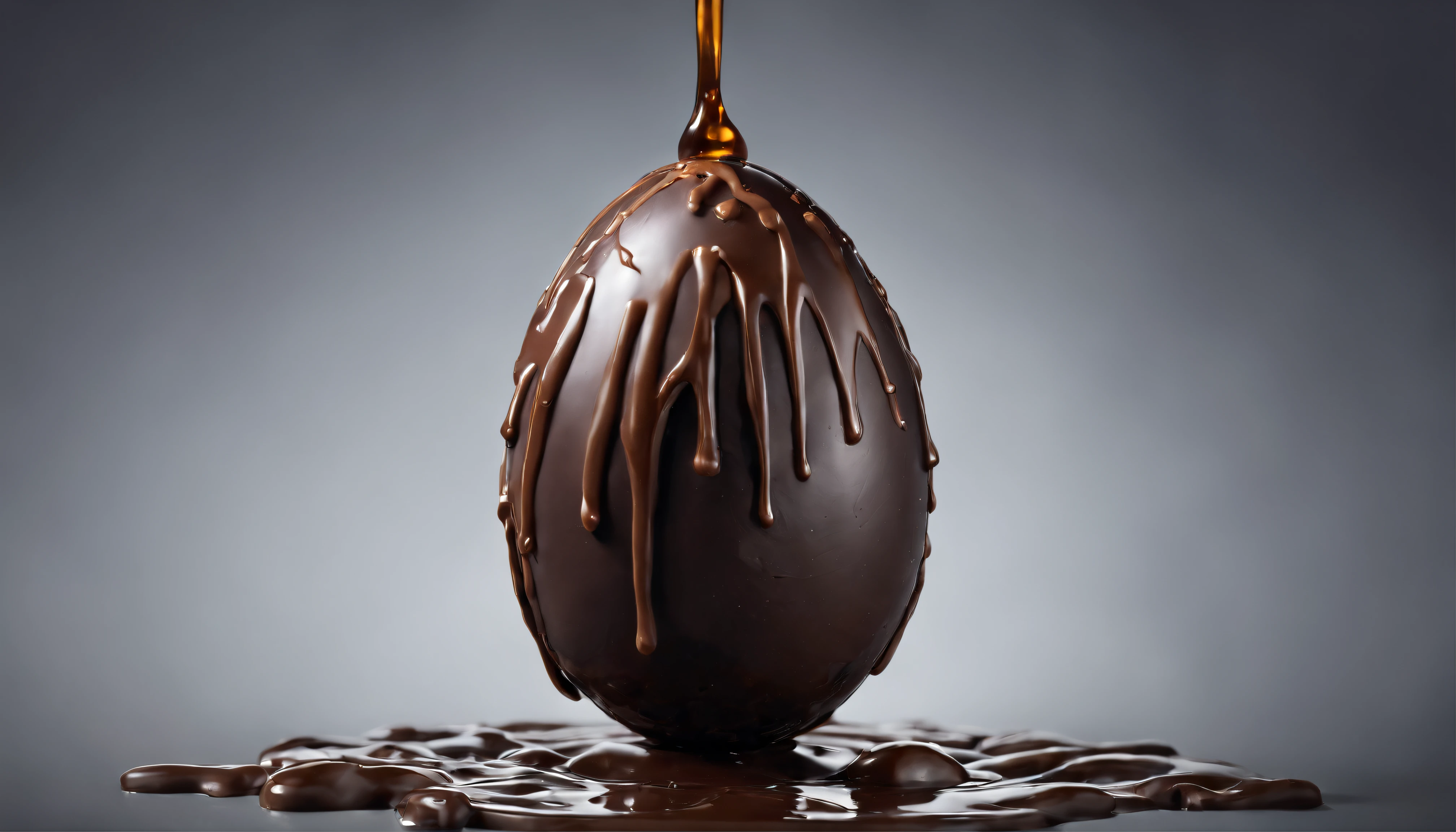Capture a melting chocolate Easter egg, highlighting the delicious drips and oozing texture, evoking the desire to take a bite.
