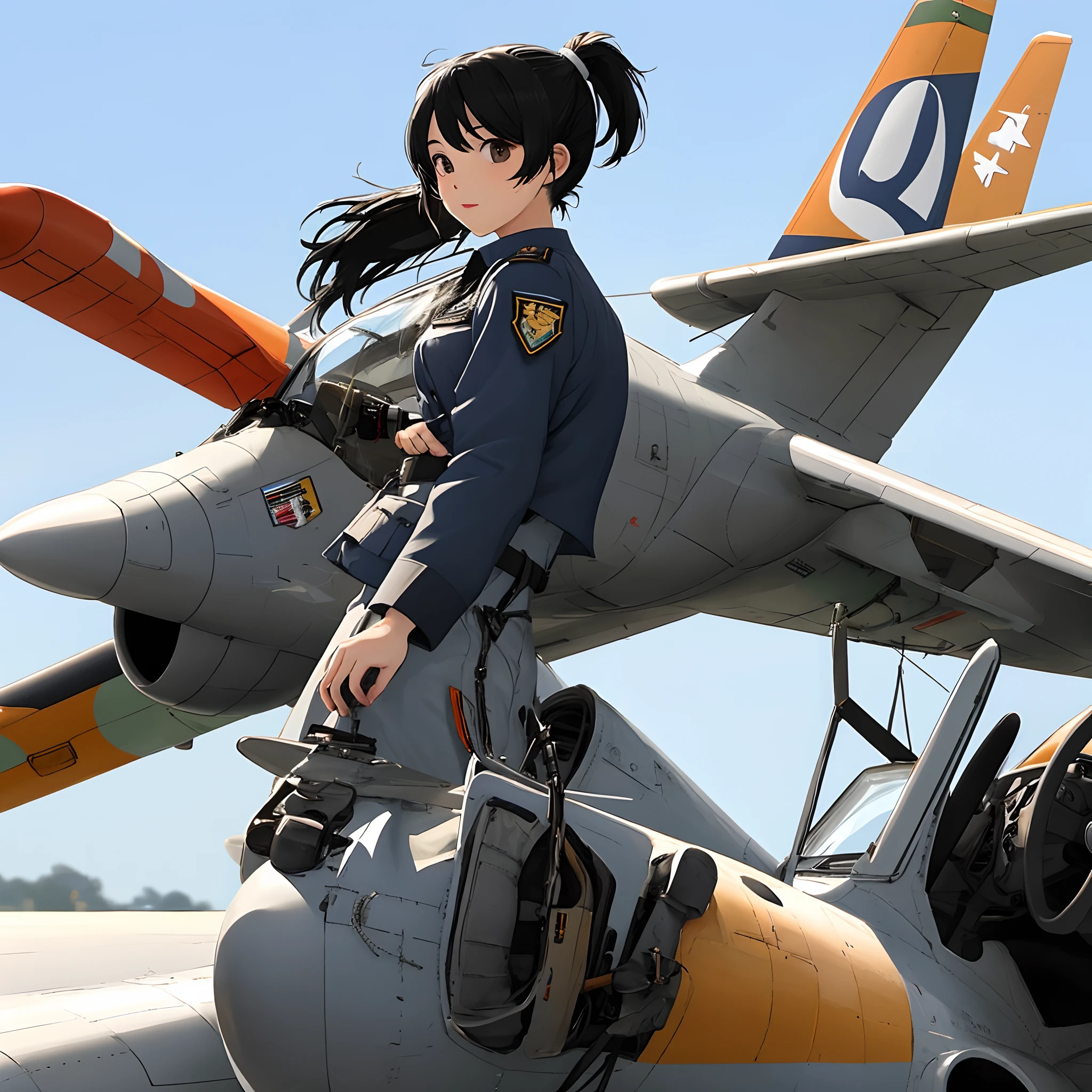 Girl Black Hair Ponytail Pilot's Uniform