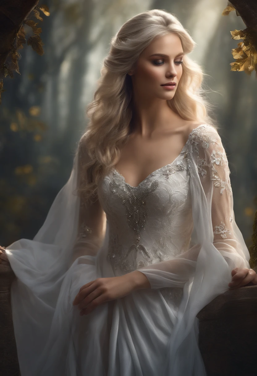 In a moonlit forest, a beautiful woman emerges from the shadows, surrounded by an aura of enchantment. Her flowing silver-white hair reflects the ethereal glow of the moon, while her piercing sapphire eyes emit a captivating radiance. Dressed in an intricately embroidered gown adorned with shimmering crystals, she exudes grace and elegance. The scene is bathed in a soft, diffused light, giving it a dreamlike quality. The artwork is rendered in a painterly style, with rich textures and a harmonious color palette that enhances the magical atmosphere.

Negative prompt: Tangled hair, dull eyes, unflattering lighting, exaggerated features, messy attire, lack of detail, unappealing color palette, lack of depth, unrealistic proportions, lack of grace, sloppy brushwork, lack of emotion, unnatural pose, disjointed composition, distracting background, lack of harmony, unfinished appearance, pixelated, low-resolution, lack of enchantment, lack of atmosphere, over-saturated colors, lack of storytelling, lack of realism, poorly executed lighting effects, lack of depth, disproportionate anatomy, lack of facial expression, lack of texture, lack of ambiance.