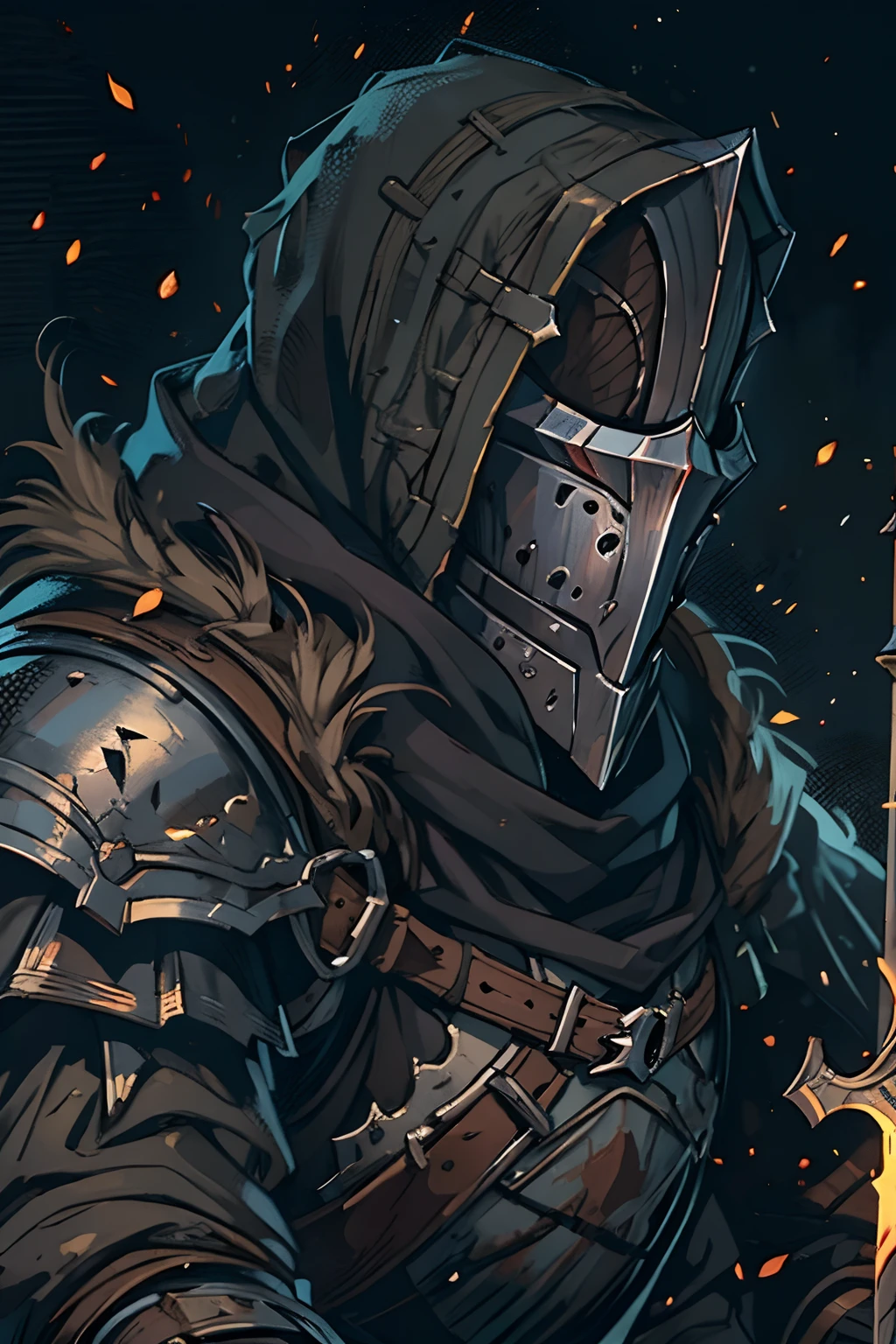 um close up de um homem forte de armadura segurando uma espada quebrada, arte conceitual dark soul, Conceito de armadura de darkest dungeon, Estilo Dark Souls, arte conceitual sombria, cavaleiro assustador, Arte conceitual de Dark Souls, Personagem de Dark Souls, design de personagens de fantasia sombria, Estilo de Arte Dark Souls, homem com mascara de ferro, homem deformado