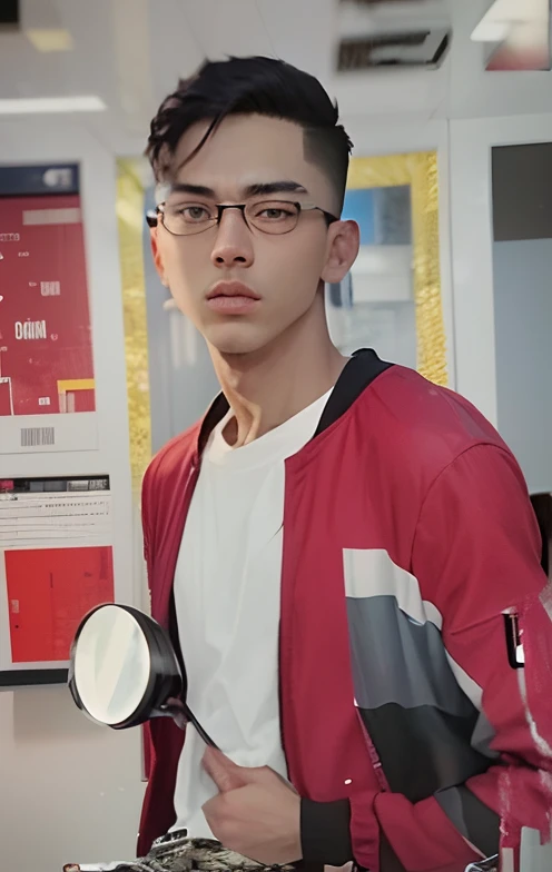 an cool university student, (male), ((short fade hair)) wears narrow mental frame glasses, wear gray coat, white plain T-shirt, black jeans ,((green background)),(anime style), (cinematic lighting), (ray tracing), ((reflection light)), ((half-body-shot)), atmospheric perspective, masterpiece, accurate, ((best quality)), high quality, super detail, high details, anatomically correct, highRes, 1080p,