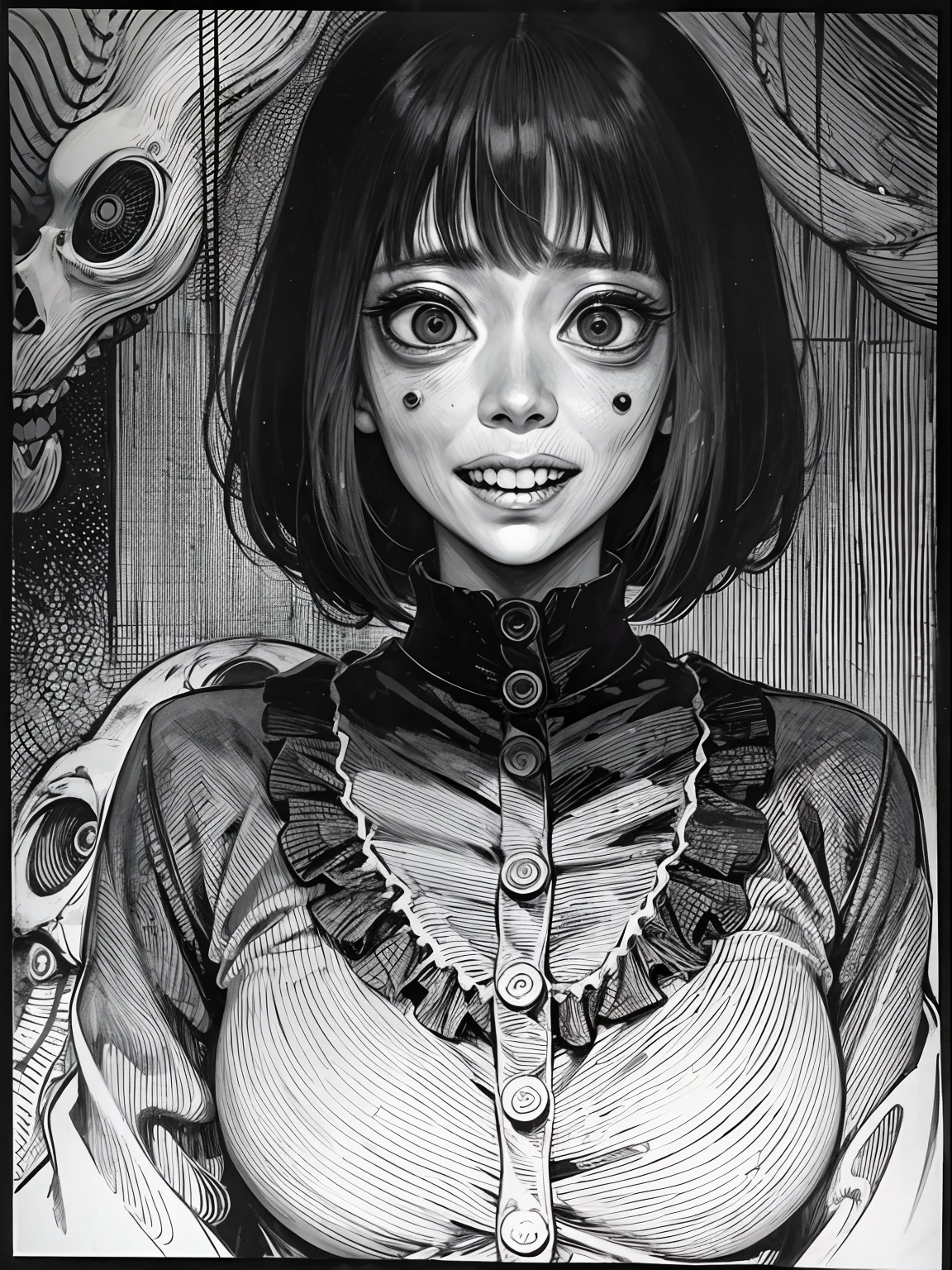 [(Junji Ito:1.5), creepy, dark, black and white, detailed manga line art, scared, horrified, creepy smile, unsettling, disturbing, (horror manga style), twisted, psychological horror, grotesque, morbid, surreal]