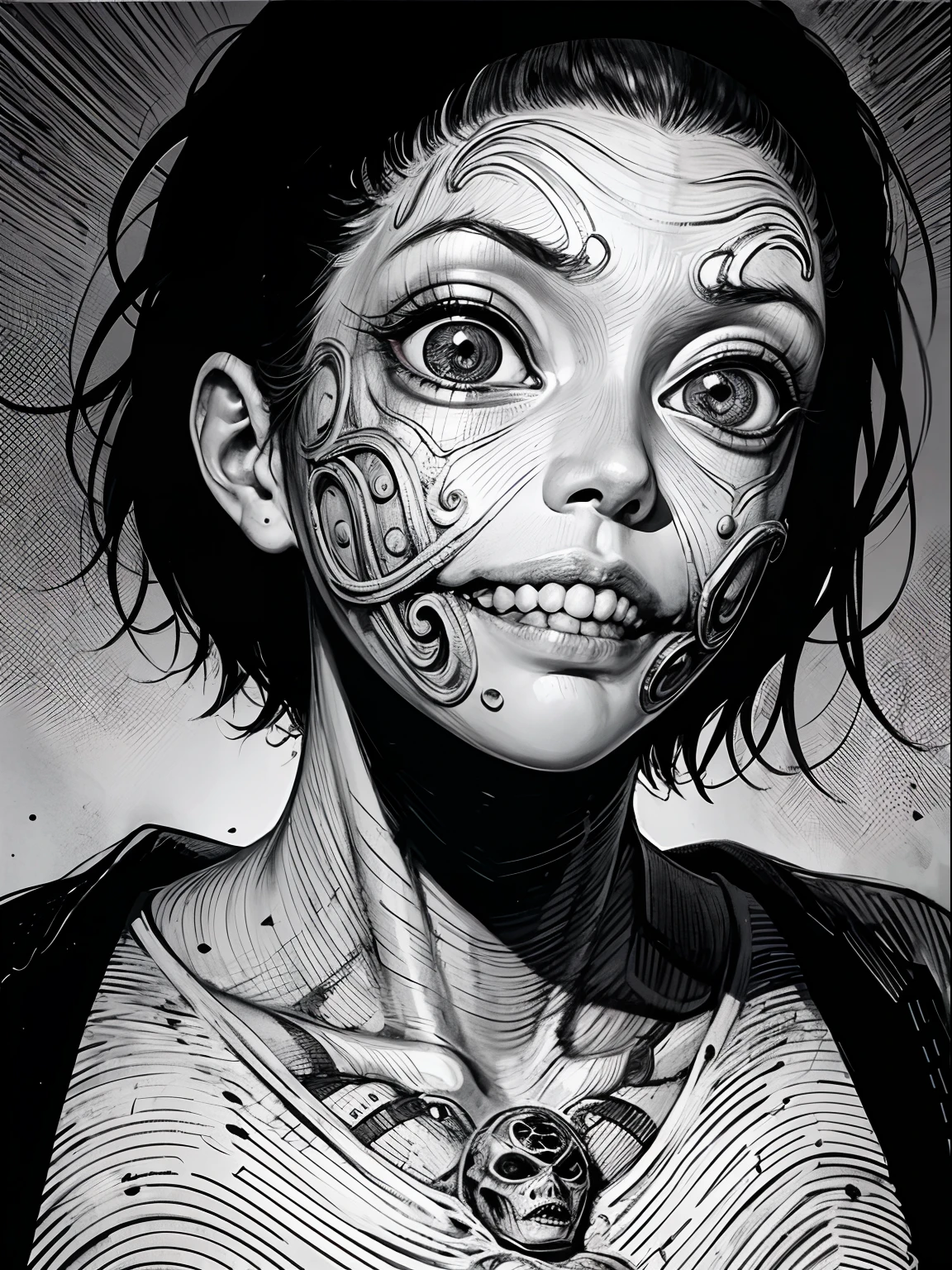 [(Junji Ito:1.5), creepy, dark, black and white, detailed manga line art, scared, horrified, creepy smile, unsettling, disturbing, (horror manga style), twisted, psychological horror, grotesque, morbid, surreal]