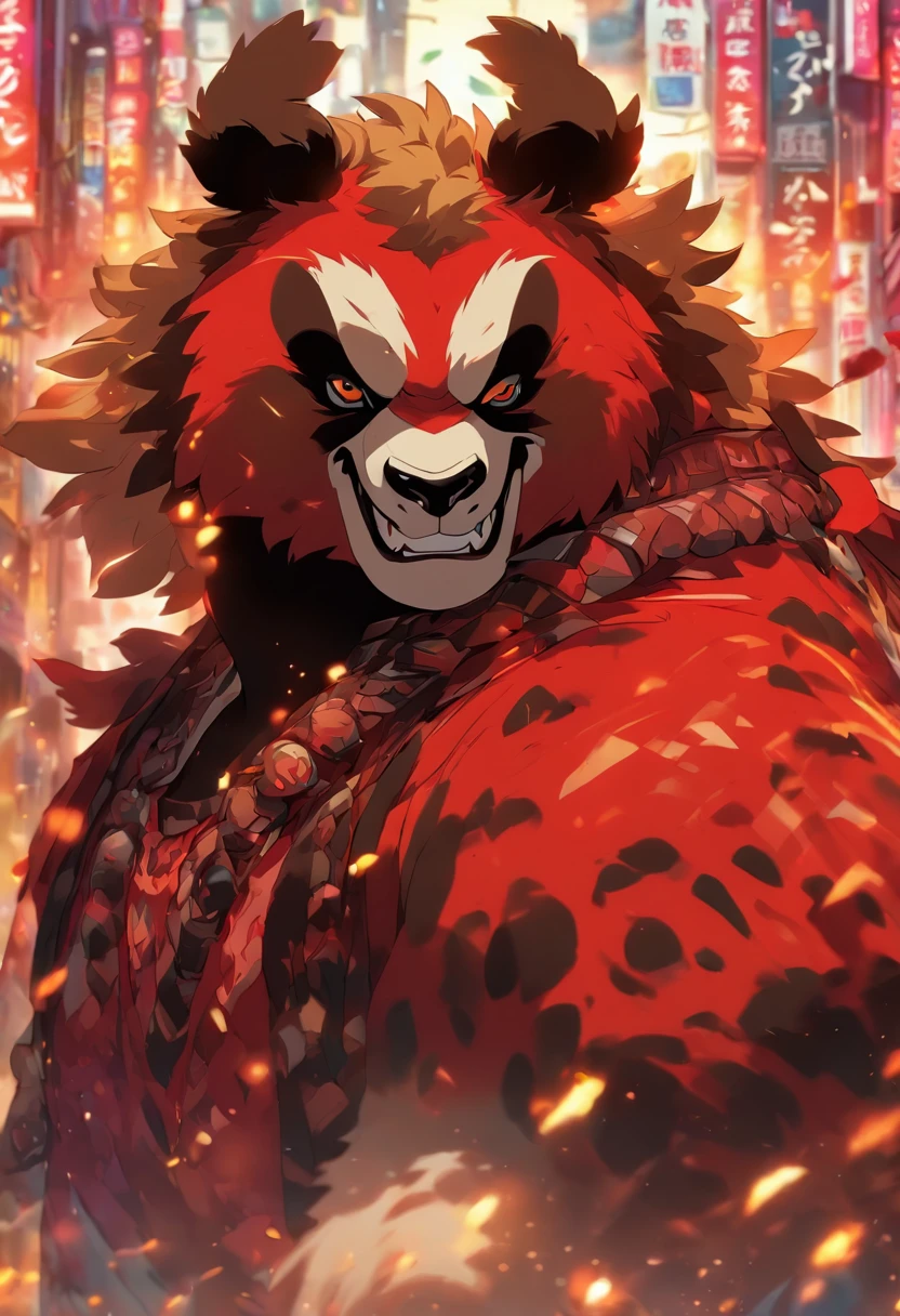 Panda beastman em quimono vermelho, em uma postura de luta, em uma rua, to stand, Panda gigante, Feroz, cicatrizes, close up no panda