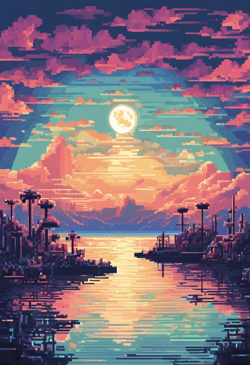 Pixel art of giant moon rising on calm sea, beautiful detailed pixel art, detailed pixel art, lo-fi retro videogame, concept pixelart, detailed pixel artwork, Pixel art style, pixel town, pixel art animation, high quality pixel art, Dolphins jump off the sea, super detailed color lowpoly art, #pixelart:3, # pixelart, #pixelart