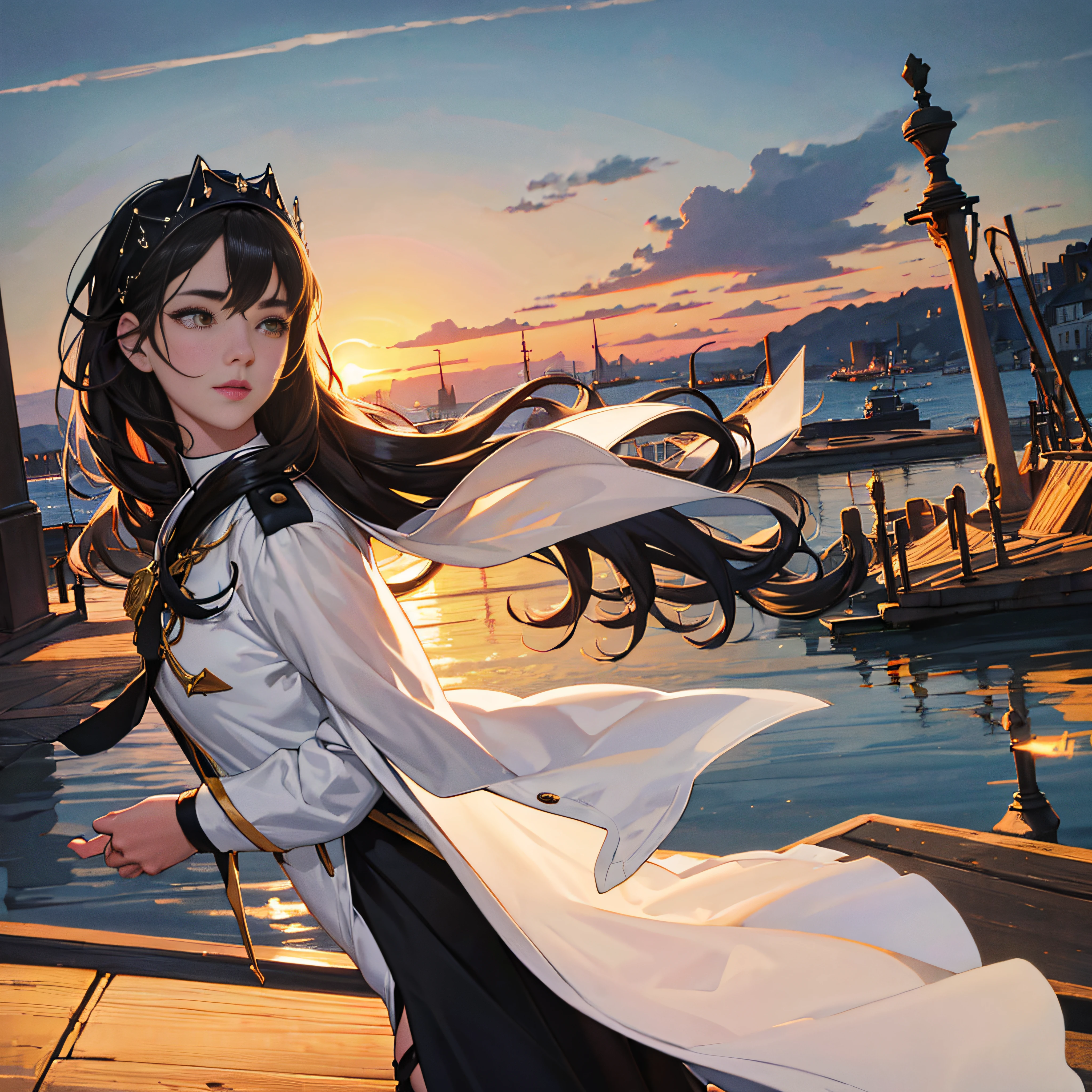 medium shot, medium shot, depth of fields, Bust, Upper body, Cinematic Angle, masutepiece, Best Quality, super detailed, nffsw, 8K Wallpaper, Pretty Face, Delicate eyes, maidennurse, Solo, White long hair, Yellow eyes, Hairpin, White shirt, Black hooded jacket, Black Baseball Cap, Black stockings, black over-the-knee boots, Sunset, Medieval harbor, harbour, Detailed water surface, Reflection of the Sun --auto