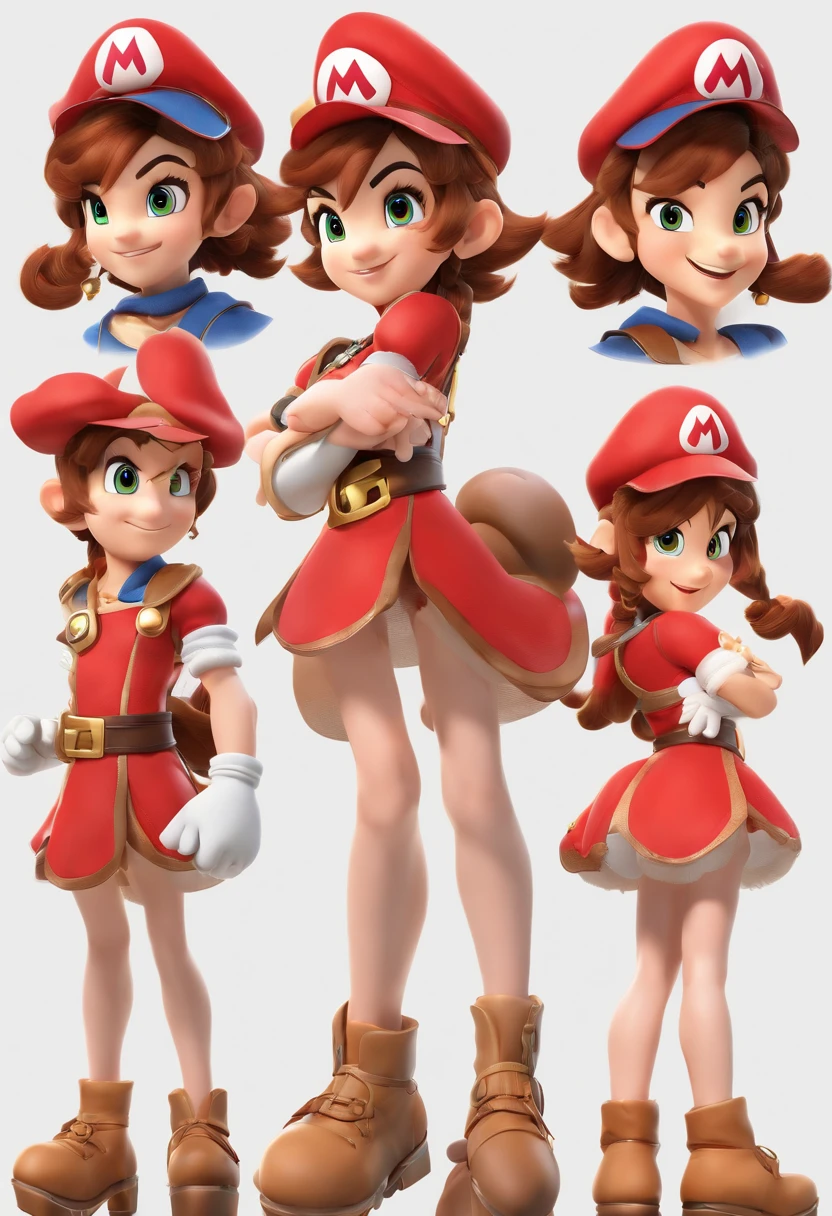 ((best quality)), ((master part)), ((realistic cartoon)), ((Perfect character)) - a character woman with long brown hair and bangs, golden eyes and wearing a red medieval dress and brown boots, different angles, in the style of Miraculous Ladybug, character sheet, white background, character poses, this portrait is presented in stunning 8K UHD resolution, ensuring clarity and exclusive protection.