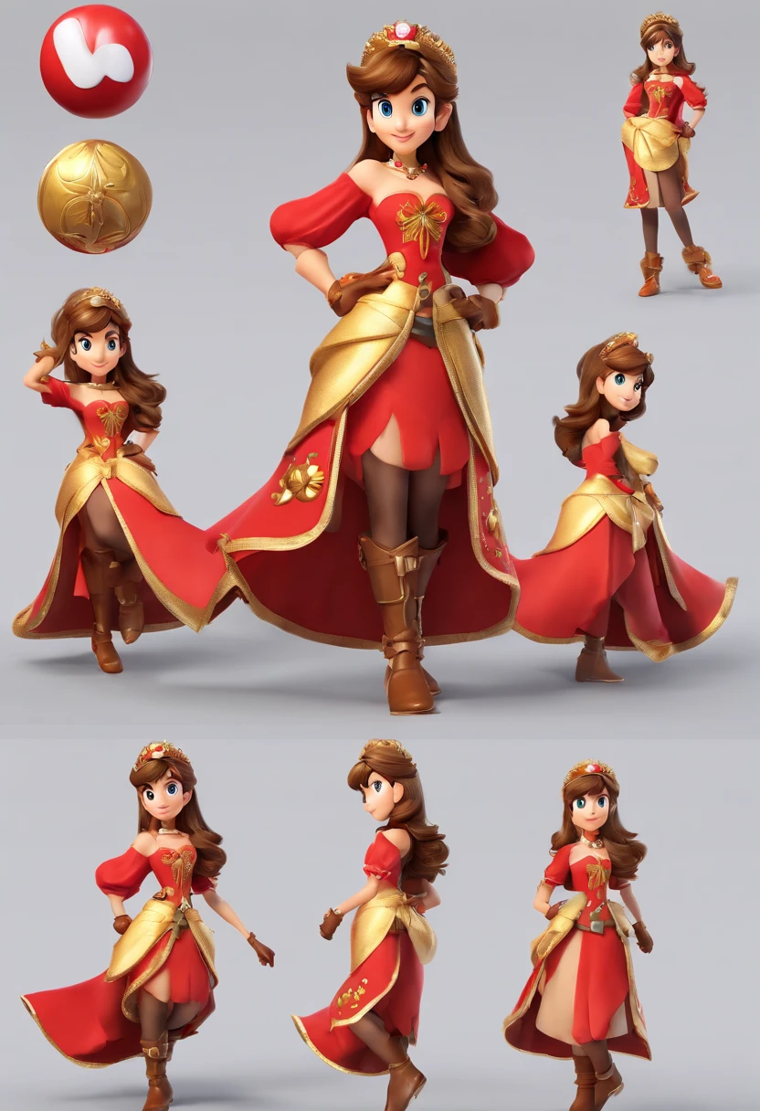 ((best quality)), ((master part)), ((realistic cartoon)), ((Perfect character)) - a character woman with long brown hair and bangs, golden eyes and wearing a red medieval dress and brown boots, different angles, in the style of Miraculous Ladybug, character sheet, white background, character poses, this portrait is presented in stunning 8K UHD resolution, ensuring clarity and exclusive protection.