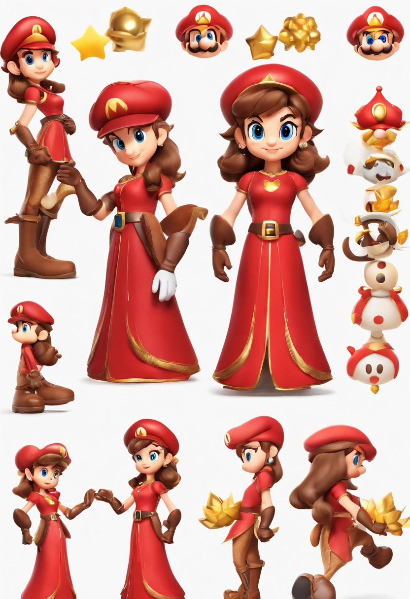 ((best quality)), ((master part)), ((realistic cartoon)), ((Perfect character)) - a character woman with long brown hair and bangs, golden eyes and wearing a red medieval dress and brown boots, different angles, in the style of Miraculous Ladybug, character sheet, white background, character poses, this portrait is presented in stunning 8K UHD resolution, ensuring clarity and exclusive protection.