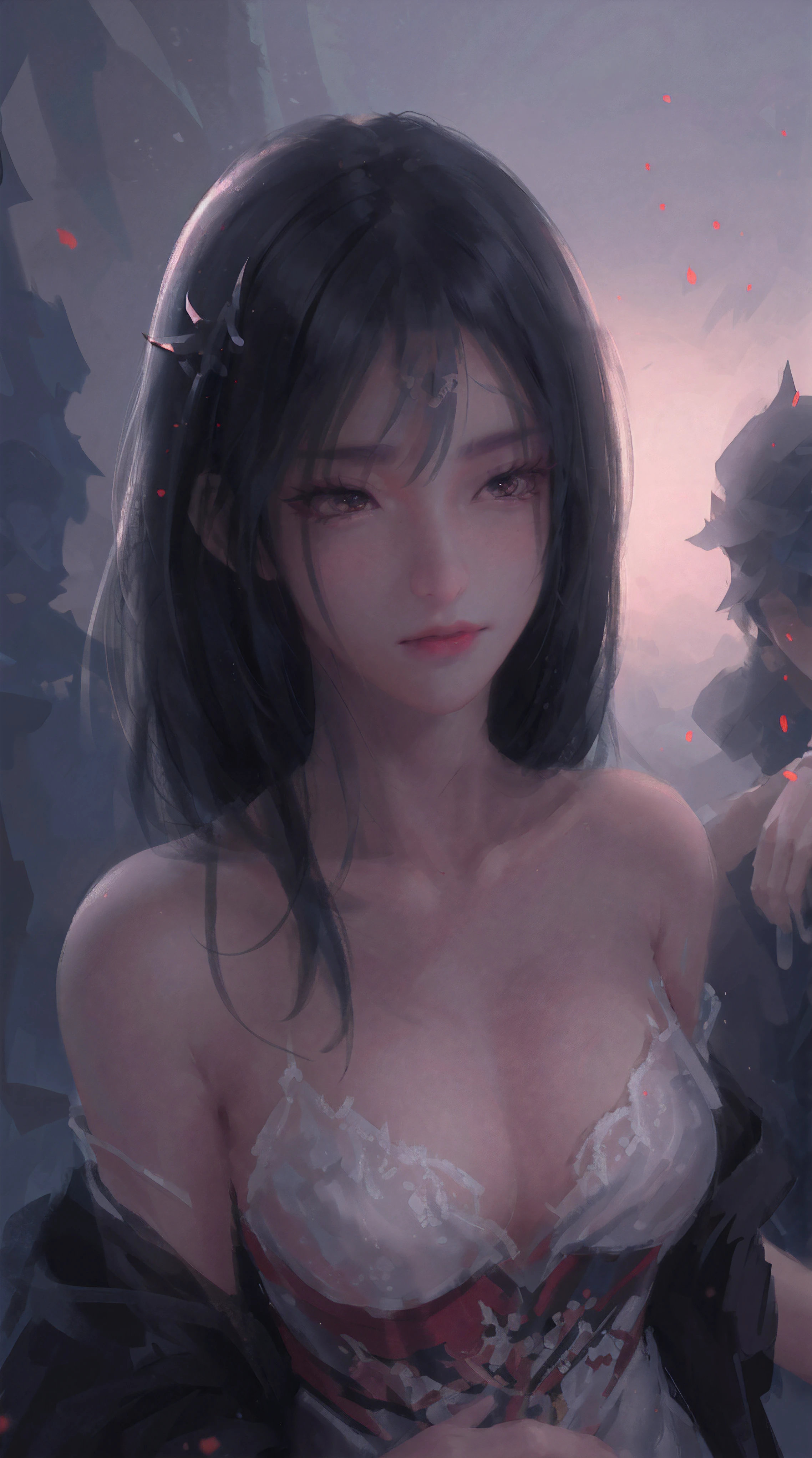 Raw, cinematic shot, (sharp focus:1.5), (photorealistic:1.4), twilight lighting, volumetric lighting, ultra high res, 16K,dramatic lighting, masterpiece,best quality,highres,
1girl,upper body,hanfu,robe,ink splash,red,