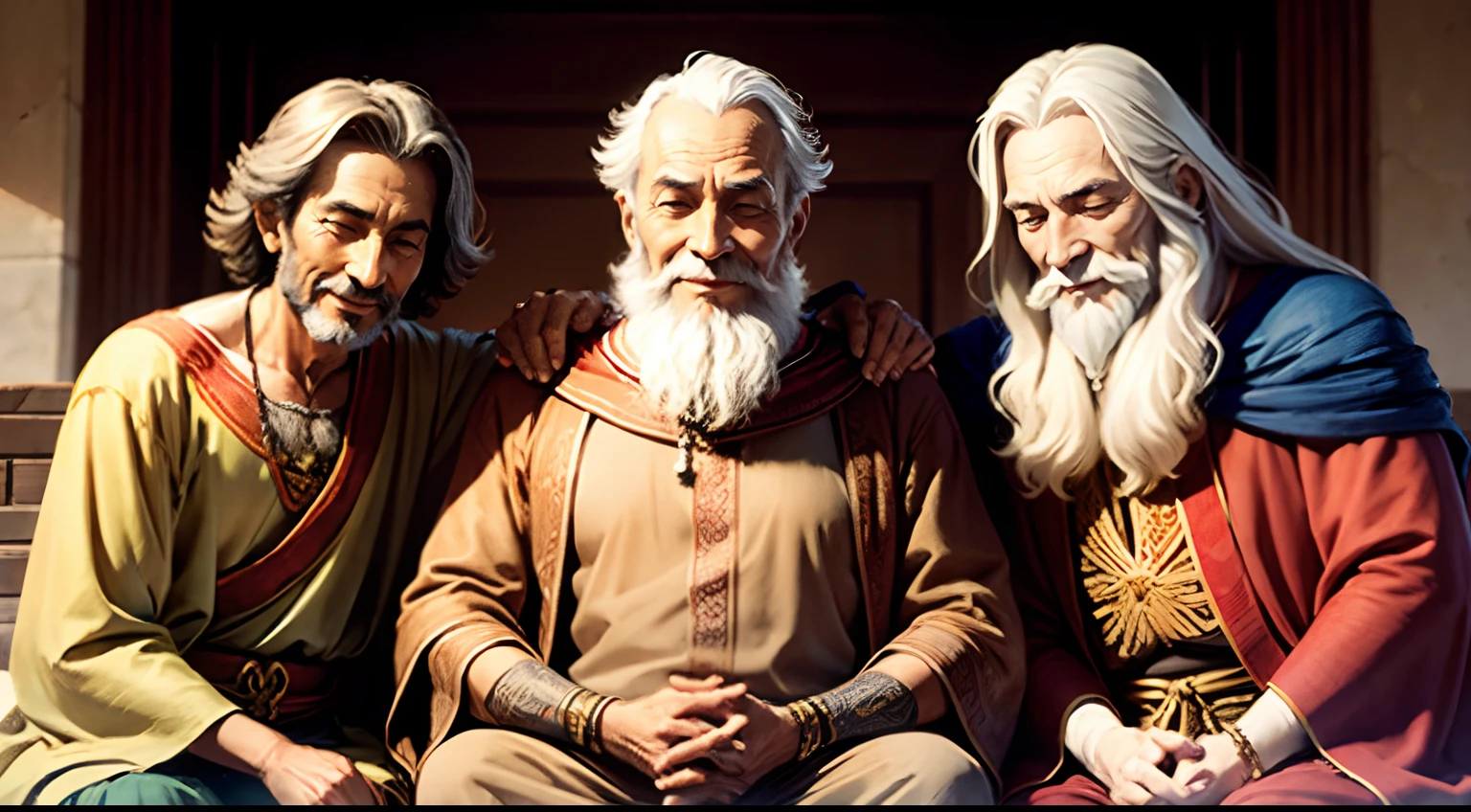 wise man, philosopher, sitting, looking at the camera, smiling, eyes closed, thanking