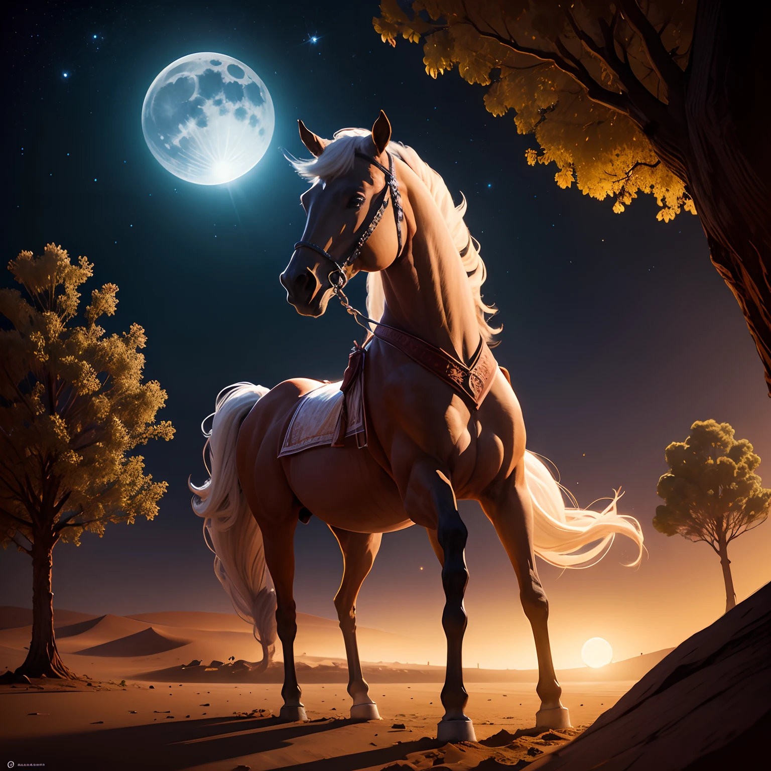 Sahara registan Moonlight image and one tree Horse