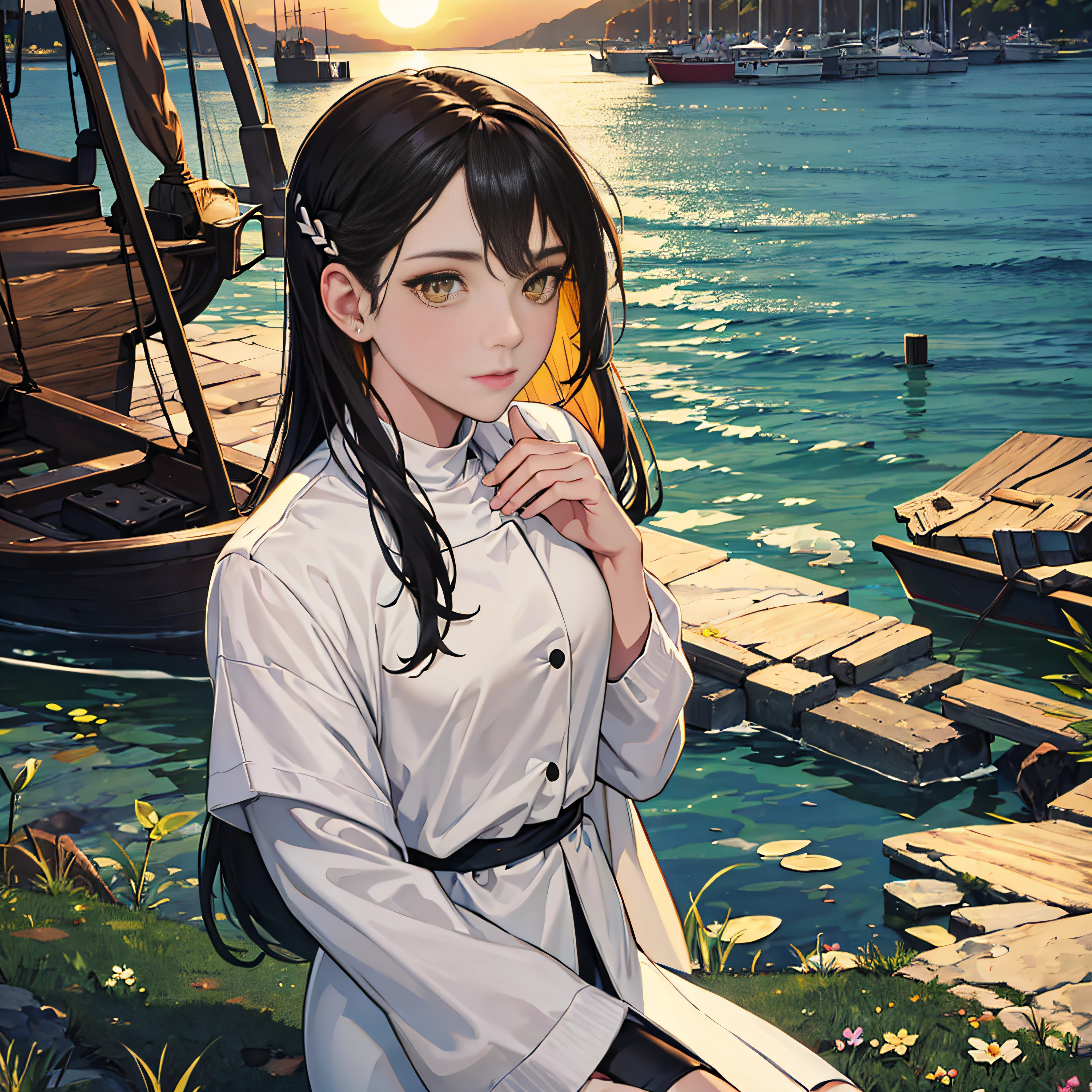 medium shot, medium shot, depth of fields, Bust, Upper body, Cinematic Angle, masutepiece, Best Quality, super detailed, nffsw, 8K Wallpaper, Pretty Face, Delicate eyes, maidennurse, Solo, White long hair, Yellow eyes, Hairpin, White shirt, Black hooded jacket, Black Baseball Cap, Black stockings, black over-the-knee boots, Sunset, Medieval harbor, harbour, Detailed water surface, Reflection of the Sun --auto
