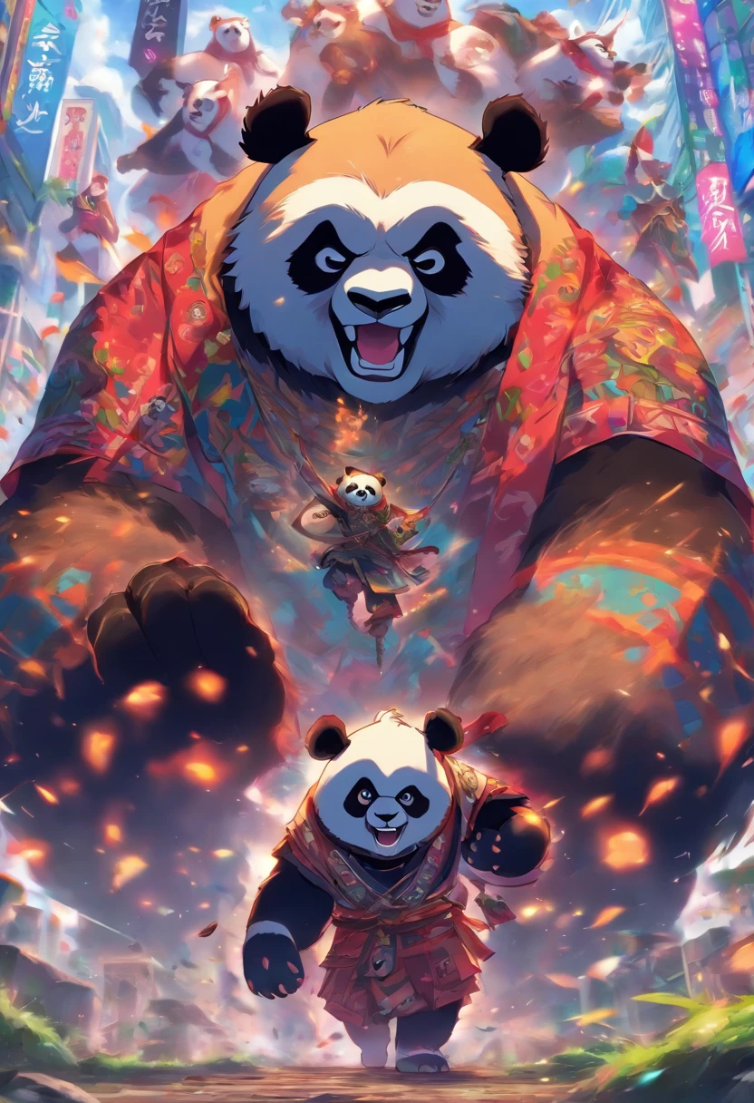 Panda beastman em quimono, em uma postura de luta, em uma rua, to stand, Panda-gigante, feroz, cicatrizes, fechar sem panda