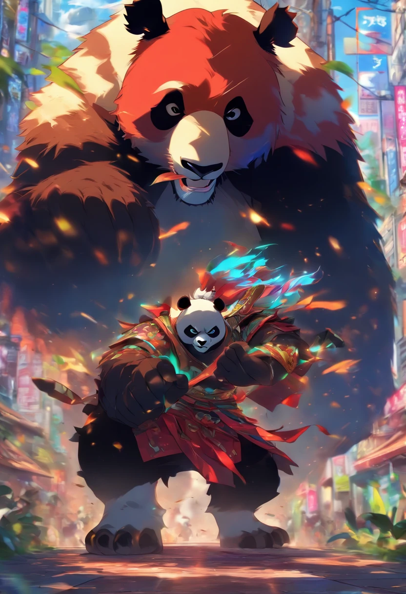 Panda beastman em quimono, em uma postura de luta, em uma rua, to stand, Panda-gigante, feroz, cicatrizes, fechar sem panda