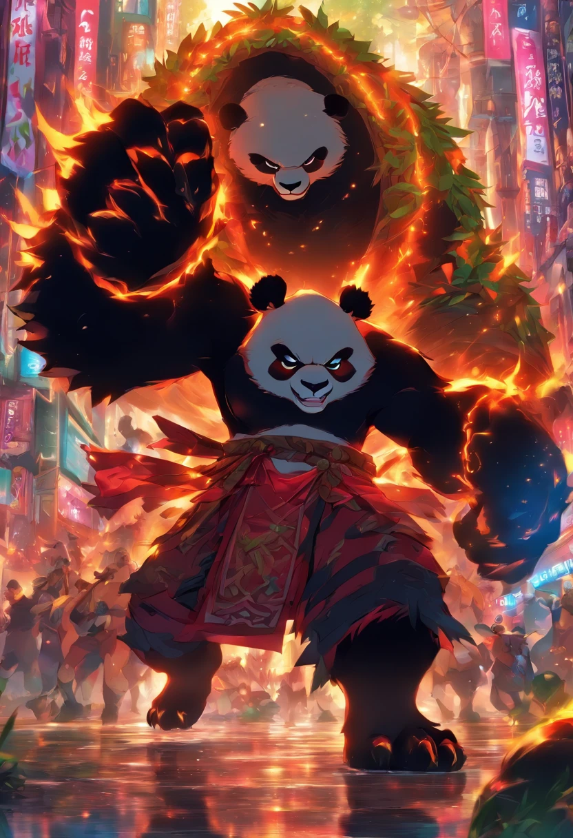 Panda beastman em quimono, em uma postura de luta, em uma rua, to stand, Panda-gigante, feroz, cicatrizes, fechar sem panda