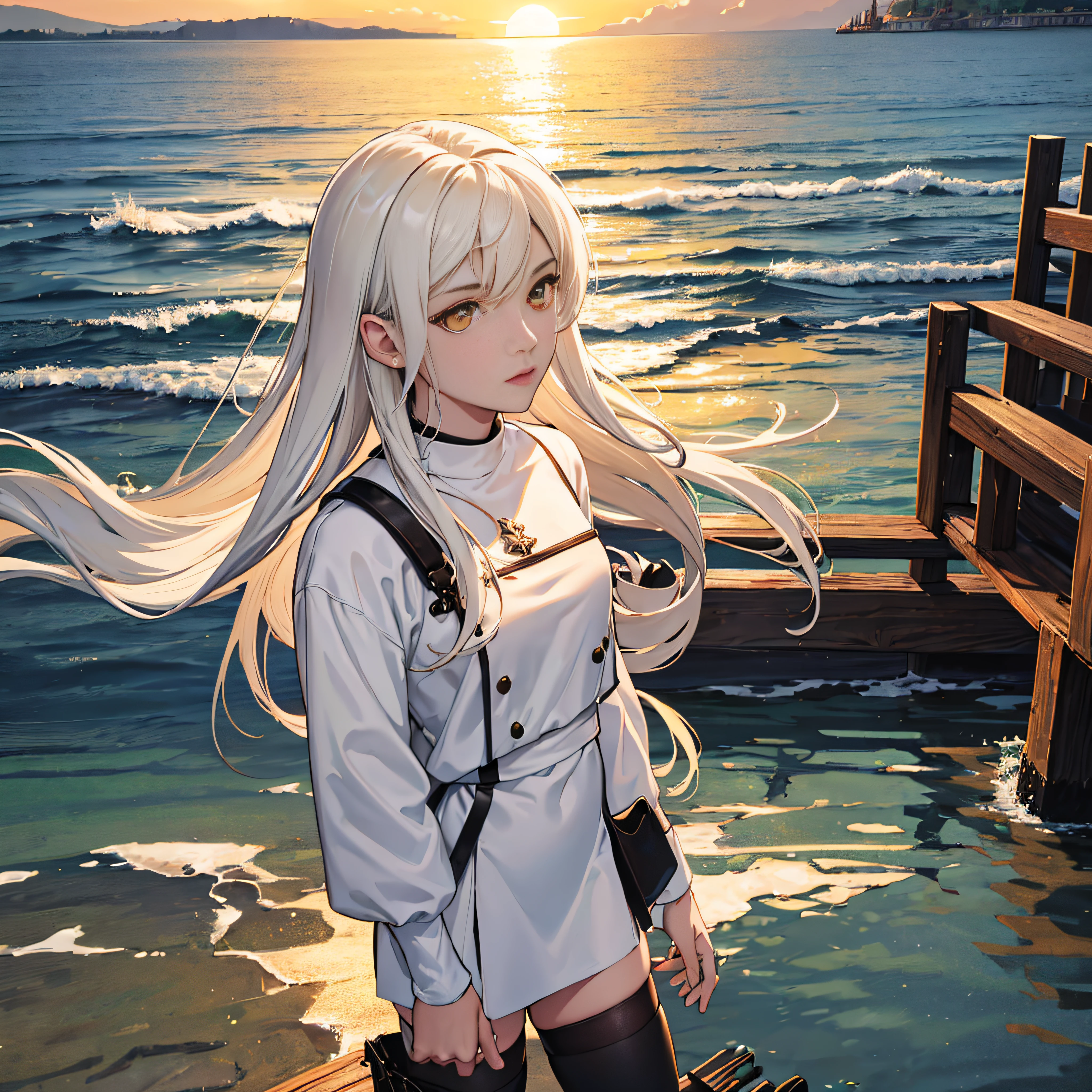 medium shot, medium shot, depth of fields, Bust, Upper body, Cinematic Angle, masutepiece, Best Quality, super detailed, nffsw, 8K Wallpaper, Pretty Face, Delicate eyes, maidennurse, Solo, White long hair, Yellow eyes, Hairpin, White shirt, Black hooded jacket, Black Baseball Cap, Black stockings, black over-the-knee boots, Sunset, Medieval harbor, harbour, Detailed water surface, Reflection of the Sun --auto