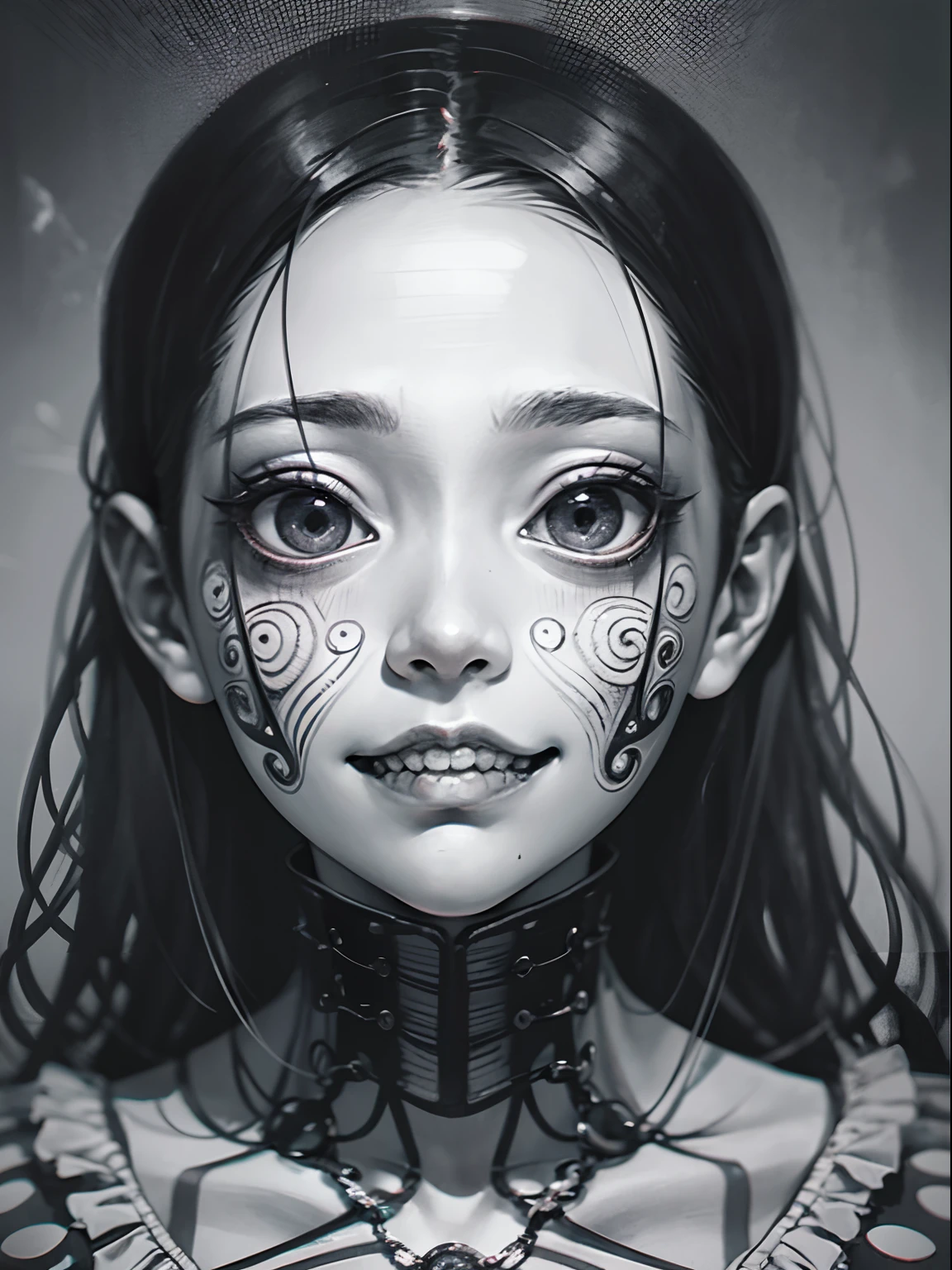 [(Junji Ito:1.5), portrait of girl, creepy, dark, black and white, detailed manga line art, scared, horrified, creepy smile, unsettling, disturbing, (horror manga style), twisted, psychological horror, grotesque, morbid, surreal]