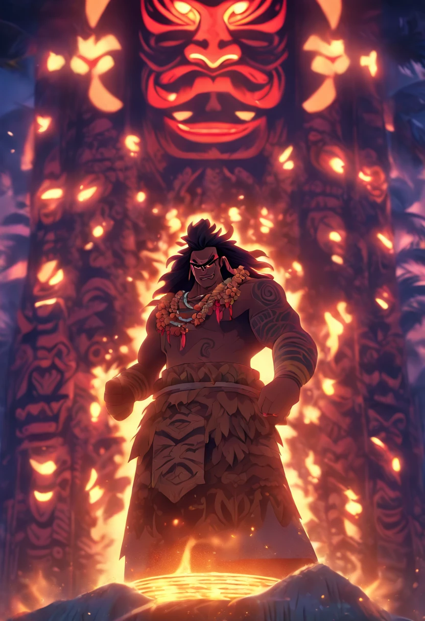 (((Dark Hawaiian Ritual))) best quality, ultra-high resolution, 4K detailed CG, master piece, Man,Maori Totem,dark tones,dark weather, Hawaiian clothing, Hawaii,Samoa,Polynesia, Maori tattoos, Maori mythology, ((Maori Totem)), Maori image style, aesthetic, screen-centered