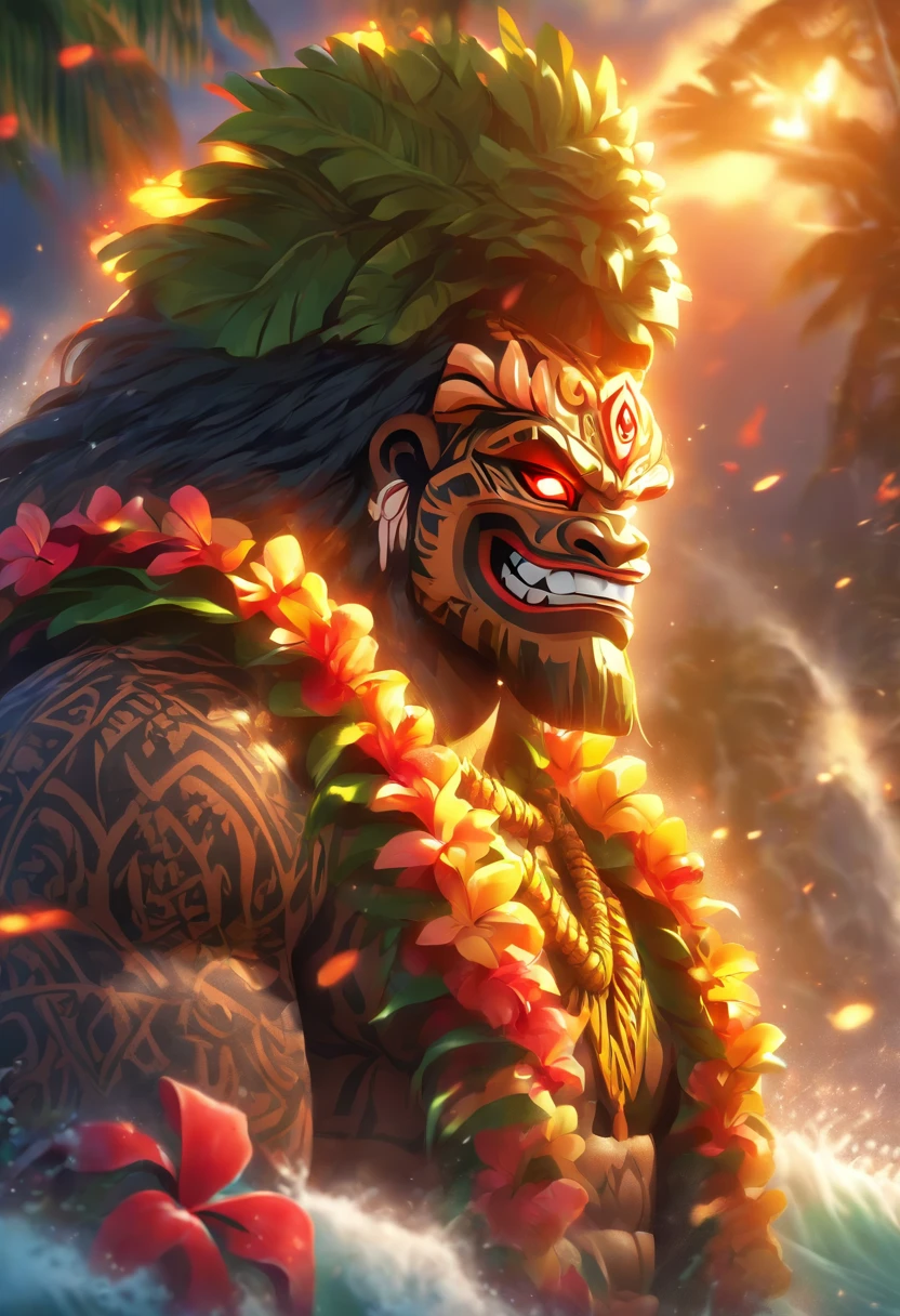 (((Dark Hawaiian Ritual))) best quality, ultra-high resolution, 4K detailed CG, master piece, Man,Maori Totem,dark tones,dark weather, Hawaiian clothing, Hawaii,Samoa,Polynesia, Maori tattoos, Maori mythology, ((Maori Totem)), Maori image style, aesthetic, screen-centered
