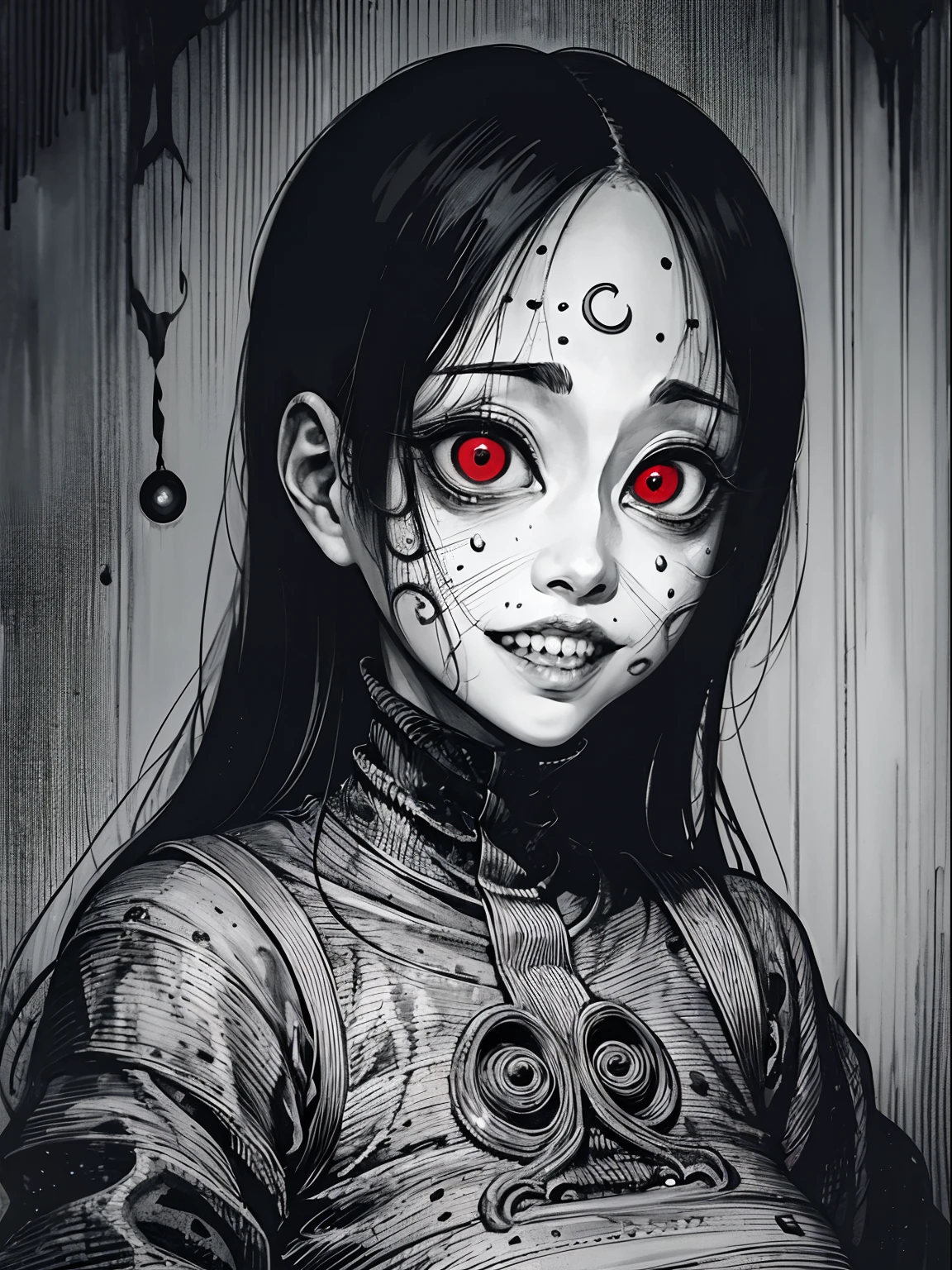 [(Junji Ito:1.5), portrait of girl, creepy, dark, black and white, detailed manga line art, scared, horrified, creepy smile, unsettling, disturbing, (horror manga style), twisted, psychological horror, grotesque, morbid, surreal]