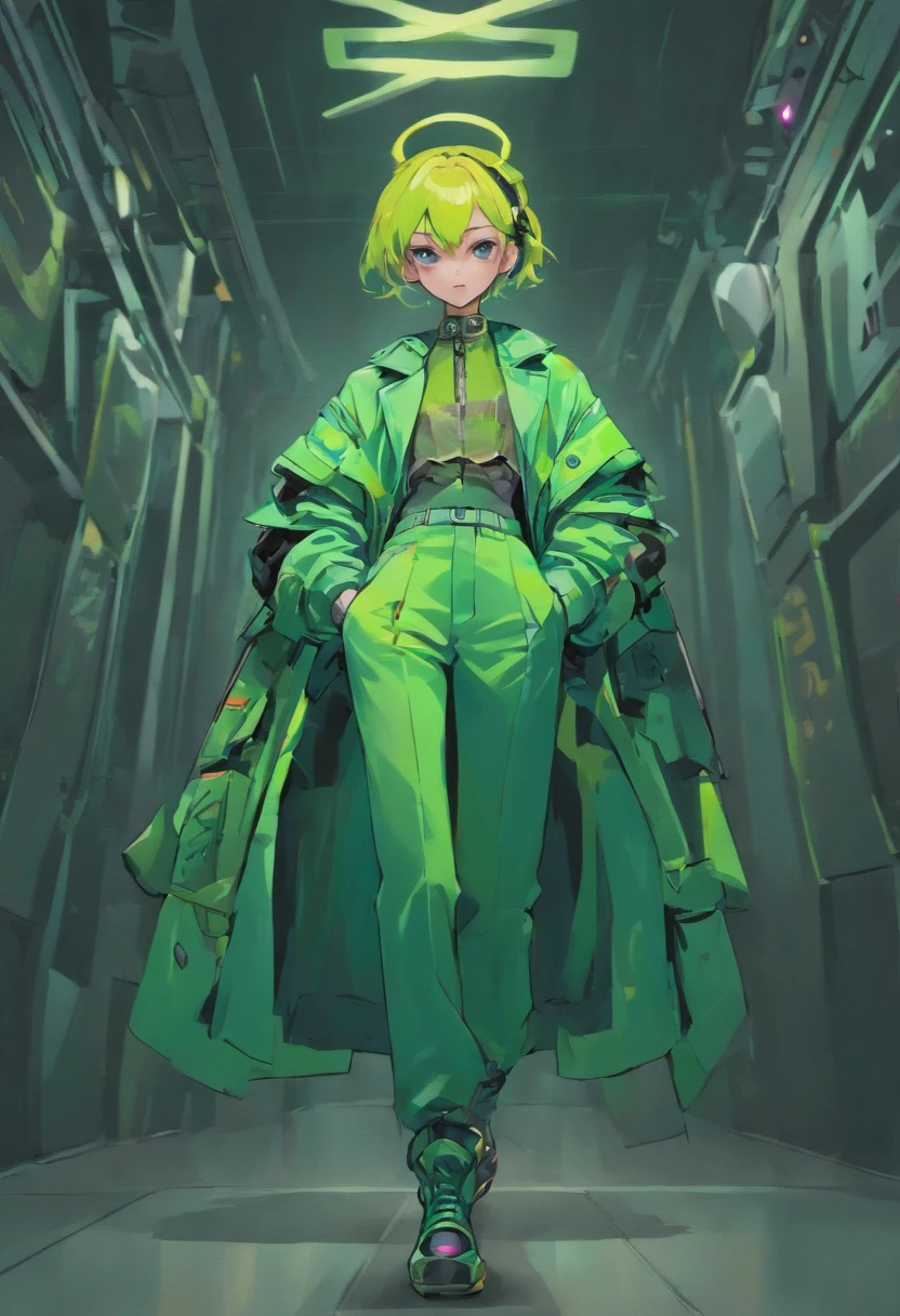 "Imagina una imagen en la que un hombre que Viste un conjunto de prendas de estilo urbano, con una clara influencia de Alexander McQueen, that brings a sense of volume and originality. The color palette leans towards cool tones, pero el color verde es el protagonista indiscutible de su atuendo. Sus pantalones, holgados y sueltos, They have irregular closures that give a touch of rebellion and creativity. Sus zapatos, tipo puff, are uniquely designed, Taking inspiration from artificial intelligence and presenting futuristic details. La chaqueta que lleva es voluminosa, reminiscente de los abrigos de invierno, but with organic textures that create an interesting contrast. This set of garments is truly unique and reflects the fusion of fashion with technology and innovation. Esta imagen captura la esencia de un modelo que desfila con confianza, llevando un atuendo que es un tributo a la creatividad, Avant-garde design and the influence of artificial intelligence on contemporary fashion."