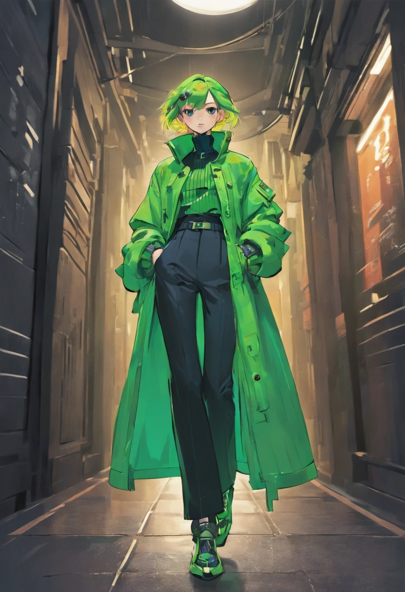 "Imagina una imagen en la que un hombre que Viste un conjunto de prendas de estilo urbano, con una clara influencia de Alexander McQueen, that brings a sense of volume and originality. The color palette leans towards cool tones, pero el color verde es el protagonista indiscutible de su atuendo. Sus pantalones, holgados y sueltos, They have irregular closures that give a touch of rebellion and creativity. Sus zapatos, tipo puff, are uniquely designed, Taking inspiration from artificial intelligence and presenting futuristic details. La chaqueta que lleva es voluminosa, reminiscente de los abrigos de invierno, but with organic textures that create an interesting contrast. This set of garments is truly unique and reflects the fusion of fashion with technology and innovation. Esta imagen captura la esencia de un modelo que desfila con confianza, llevando un atuendo que es un tributo a la creatividad, Avant-garde design and the influence of artificial intelligence on contemporary fashion."