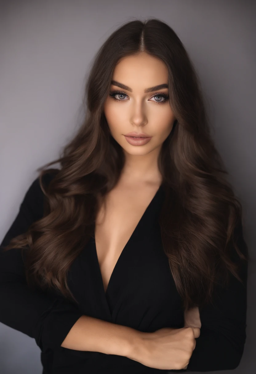 Arafed woman with black clothes, fille sexy aux yeux bruns, Portrait Sophie Mudd, cheveux bruns et grands yeux, selfie of a young woman, Yeux de chambre, Violet Myers, sans maquillage, maquillage naturel, looking straight at camera, Visage avec Artgram, Maquillage subtil, Superbe photo du corps entier, dans la chambre, clivage