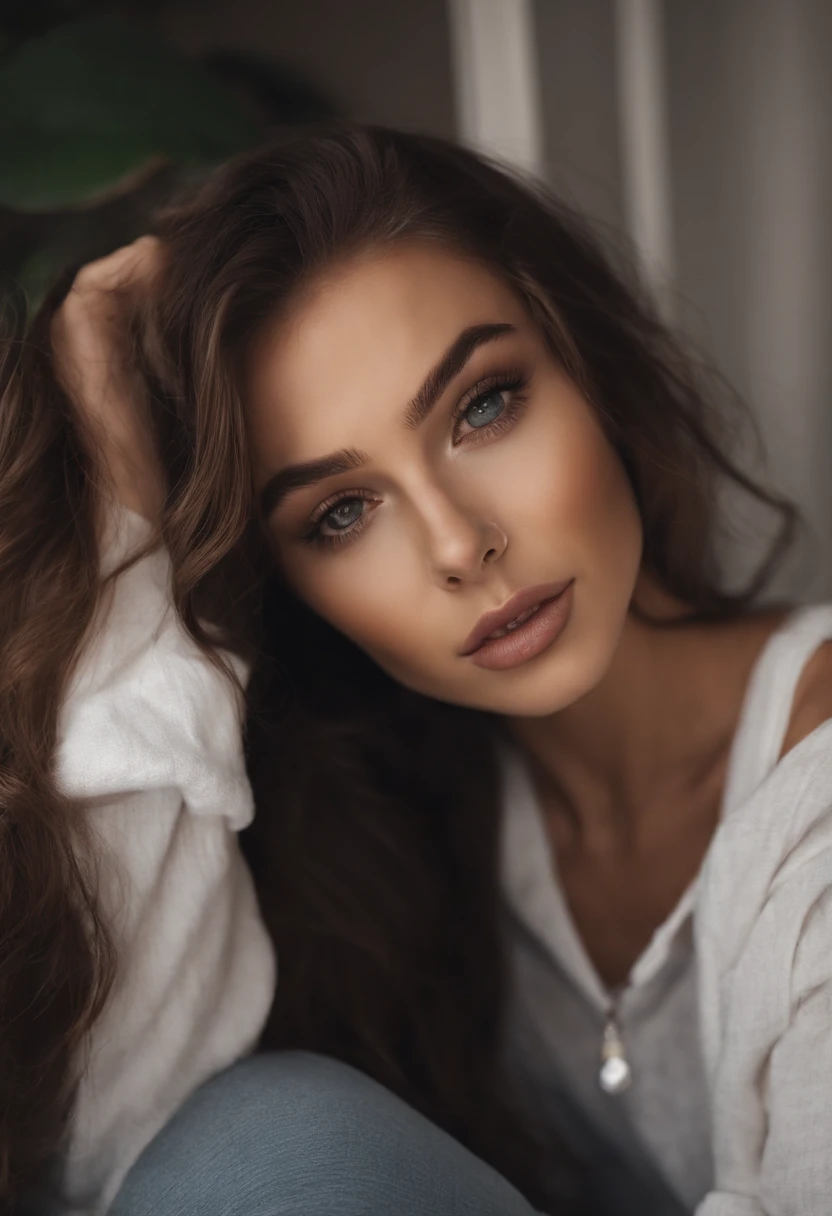 Arafed woman with black clothes, fille sexy aux yeux bruns, Portrait Sophie Mudd, cheveux bruns et grands yeux, selfie of a young woman, Yeux de chambre, Violet Myers, sans maquillage, maquillage naturel, looking straight at camera, Visage avec Artgram, Maquillage subtil, Superbe photo du corps entier, dans la chambre, clivage