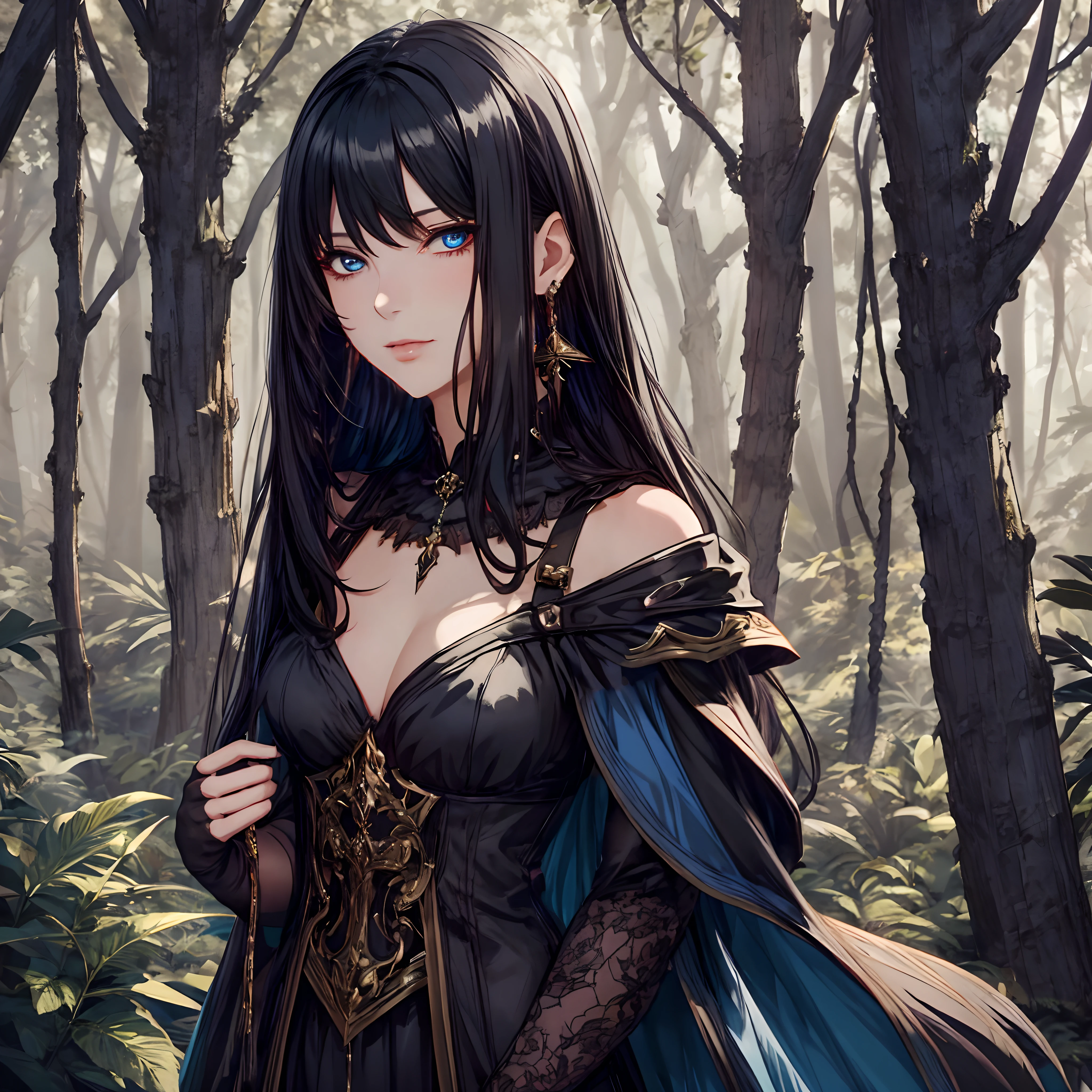 masterpiece, best quality, 1woman adult, female focus, solo, black hair, vibrant blue eyes, long hair with fringe, looking at viewer, closed mouth, bangs, Fantasy aesthetics, fantasy earring, Highly detailed, shadowverse style, black attire, sorceress