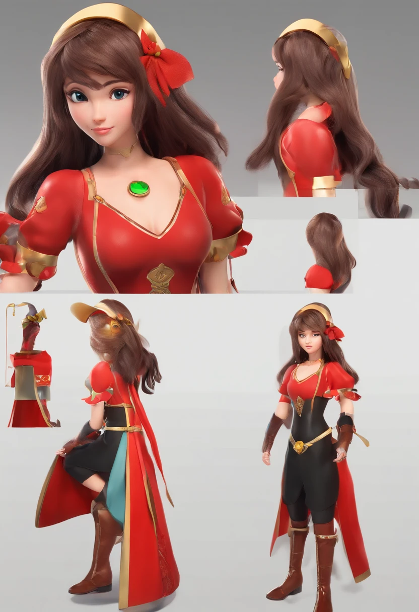 ((best quality)), ((master part)), ((realistic cartoon)), ((Perfect character)) - a character woman with long brown hair and bangs, golden eyes and wearing a red medieval dress and brown boots, different angles, in the style of Miraculous Ladybug, character sheet, white background, character poses, this portrait is presented in stunning 8K UHD resolution, ensuring clarity and exclusive protection.