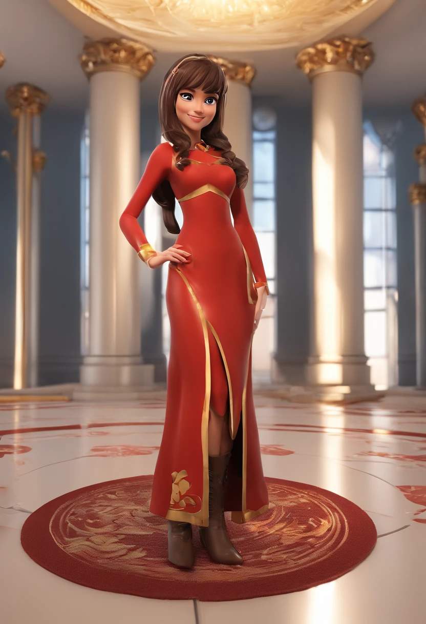 ((best quality)), ((master part)), ((realistic cartoon)), ((Perfect character)) - a character woman with long brown hair and bangs, golden eyes and wearing a red medieval dress and brown boots, different angles, in the style of Miraculous Ladybug, character sheet, white background, character poses, this portrait is presented in stunning 8K UHD resolution, ensuring clarity and exclusive protection.