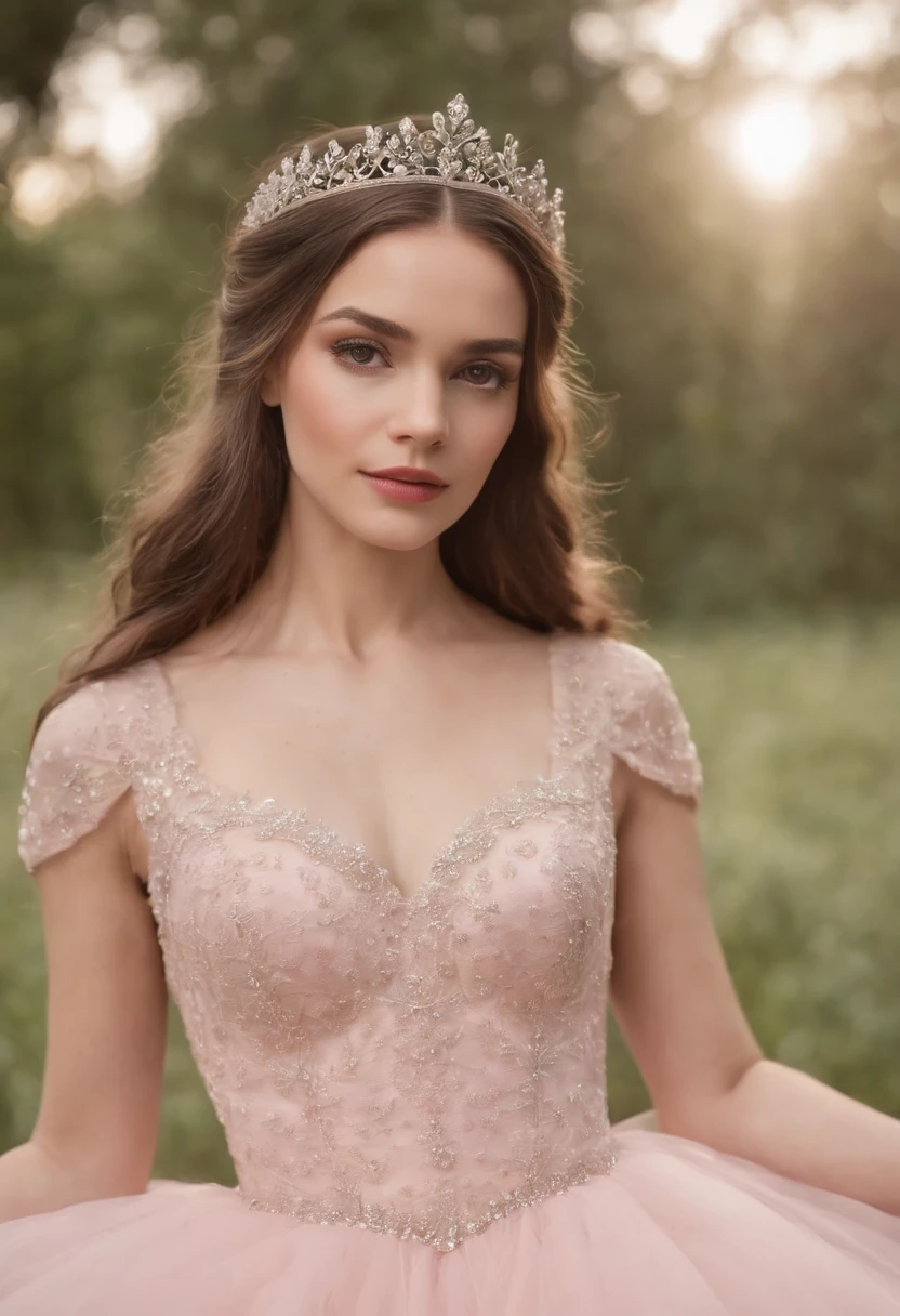uma princesa de cinco anos com pela clara/cabelos andulados/vestido rosa