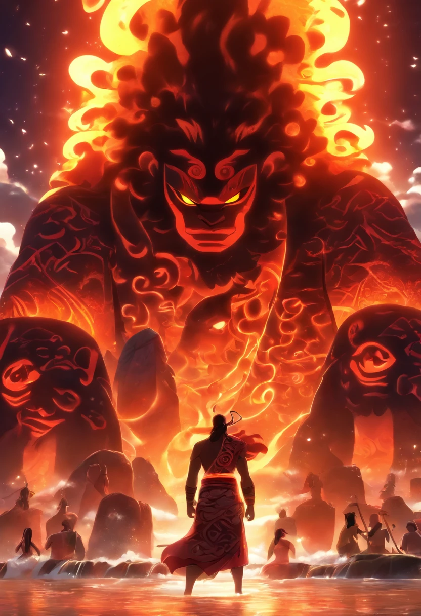 (((Ritual Havaiano))) best quality, ultra-high resolution, CG detalhado 4K, master part, Man, submundo, atmosfera escura, Tempo sombrio, Roupas havaianas, Havai, tatuagens maori, Mitologia maori, ((Maori Totem )), Estilo de imagem Maori, aesthetic, centrado na tela, corpo inteiro