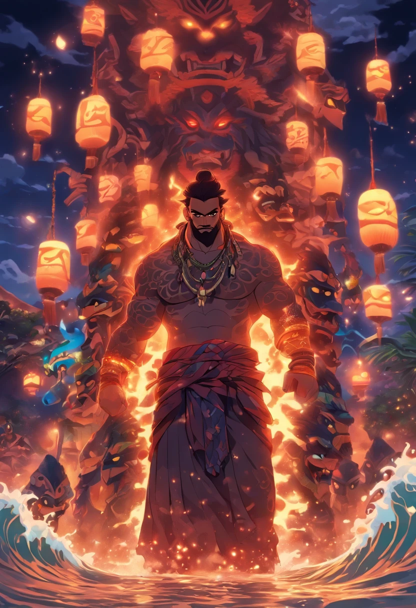 (((Ritual Havaiano))) best quality, ultra-high resolution, CG detalhado 4K, master part, Man, submundo, atmosfera escura, Tempo sombrio, Roupas havaianas, Havai, tatuagens maori, Mitologia maori, ((Maori Totem )), Estilo de imagem Maori, aesthetic, centrado na tela, corpo inteiro