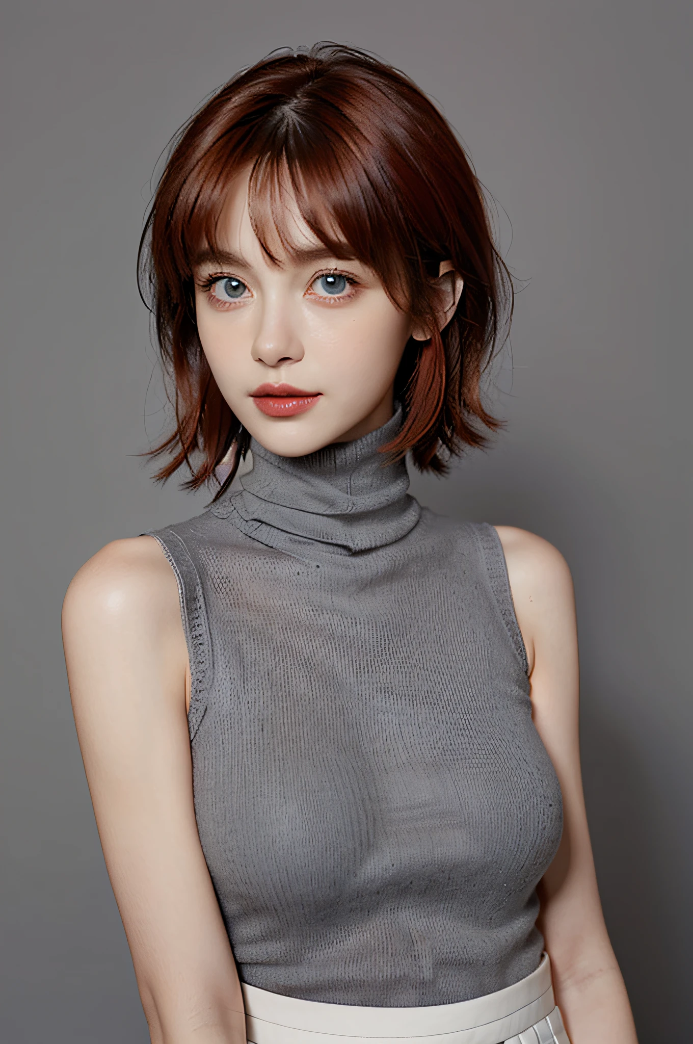 Masterpiece, Best Quality, (Realistic, Super Real, Super Reality:1.5), (Photography), 1girl, (Neat and Innocent Character, Gentle Atmosphere:1.2), ((Red Color Hair, Straight Short Moist hair:1.2)), (Smile:0.8), (Tender eyes), (blunt bangs, Very Long Hair:1.2), Looking at Viewer, Cowboy Shot, Cinemagraph, BREAK (Perfect beauty, Very Porcelain Skin, Very Fair Skin, Fine and Beautiful Skin, Super Smart, Faces with random and very beautiful details, (Symmetrical beautiful face, symmetrical beautiful eyes, Red Color Eyes, Fine Eyes Detail, Fine face:1.3), (Large eyes, Hyper Detail Eyes, Very Clear Eyes:1.2), Both eyes are synchronized, Focused Gaze, on focus, Look at us, (Thin Lips:1.2), Crimson Red Color Lipstick, Beautiful Face, Nasal stripes are well defined), Brake ((Gray Color Very Tight Sleeveless Turtleneck Knit:1.5), (Beige Color, Cotton, Skirt:1.2)), (Black Wide Choker), ((White Color Simple Gradation Background:1.3)), Flat Lighting, (Large Breasts, Well-Shaped Breasts:1.4), BREAK (7 Head-toll, Model Figure, Thin Neck, Thin shoulder, sloped shoulder, (narrow shoulders, thin upper chest, Thin under the chest, thin waist), Thin Arms, Thin Legs:1.2),