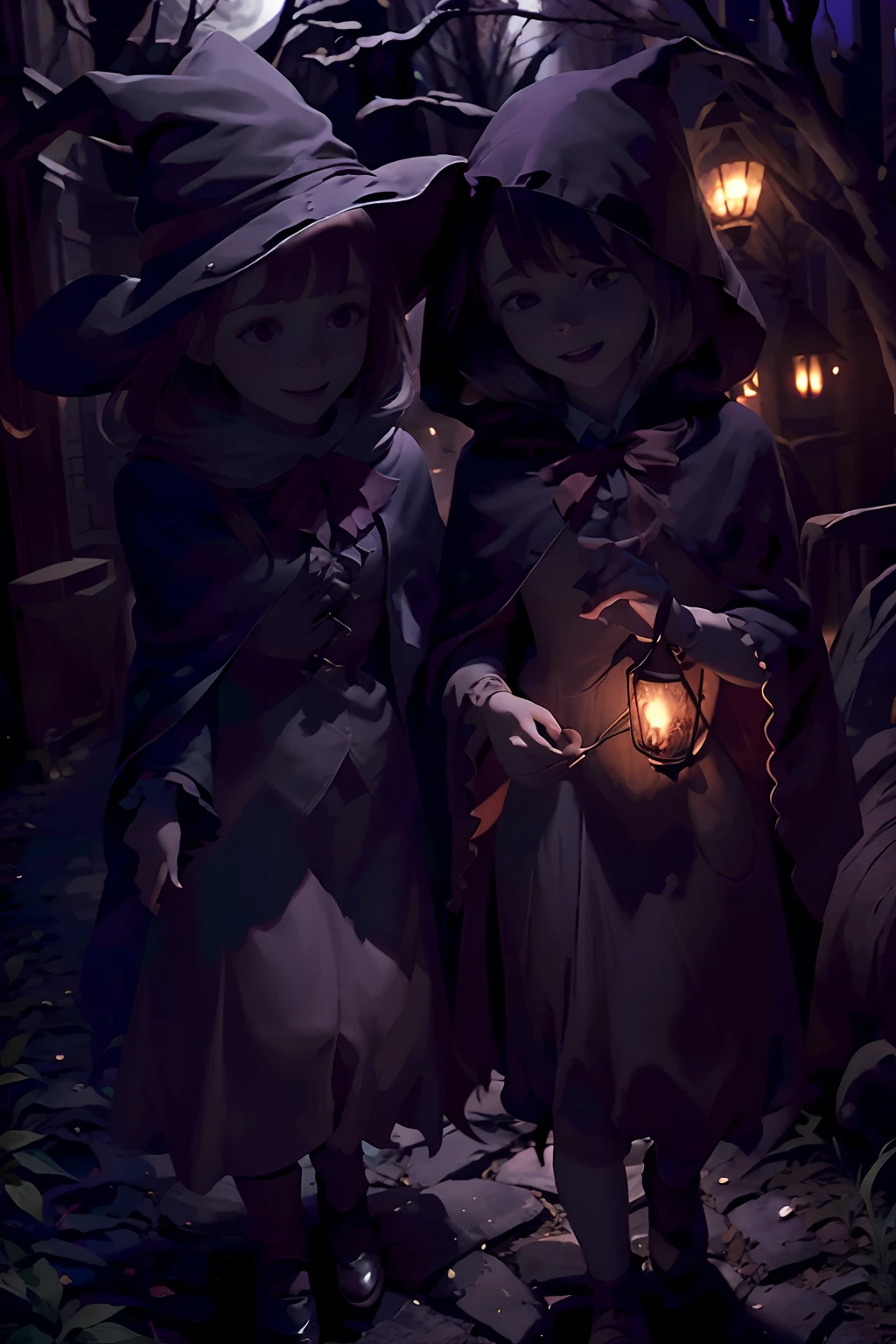 best quality,ultra-detailed,realistic:1.37,beautiful young 18 year old witch,walking through Halloween Town,with her  brother,enchanted forest ambiance,full moon in the sky,whimsical atmosphere,glowing pumpkins,haunted houses in the background,spooky yet charming setting,witch hat and broomstick,starry night sky,magical spells at her fingertips,dark and mysterious shadows,fall leaves rustling in the wind,spider webs and bats,moonlight casting eerie shadows,vivid colors,witch's cloak flowing in the breeze,their faces filled with excitement and wonder,flickering lanterns lighting the path,ghostly apparitions,playful spirits and mischievous creatures,childhood innocence and mischief,whispering trees and creaking branches,secretive corners waiting to be explored,unexpected magical encounters,echoing laughter and joyful shrieks,creating unique memories in this enchanted world.