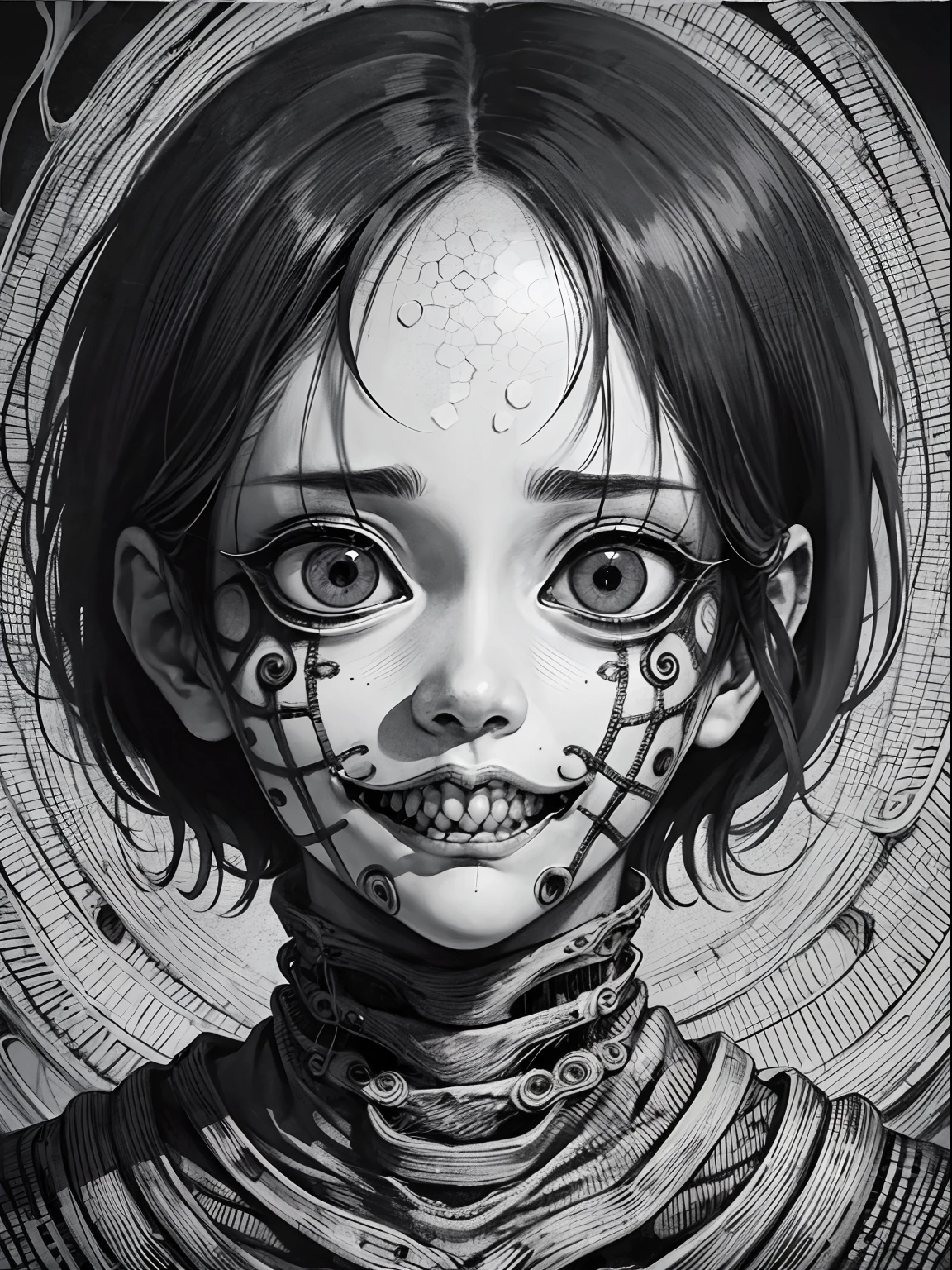 [(Junji Ito:1.5), creepy, dark, black and white, detailed manga line art, scared, horrified, creepy smile, unsettling, disturbing, (horror manga style), twisted, psychological horror, grotesque, morbid, surreal]