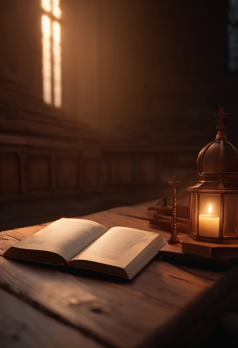 Model of the book on the wooden table at the back of the church for product presentation. detalhes intrincados, 3D Octane Rendering, cinematic lights, expressividade emocional, sunset light, luz suave