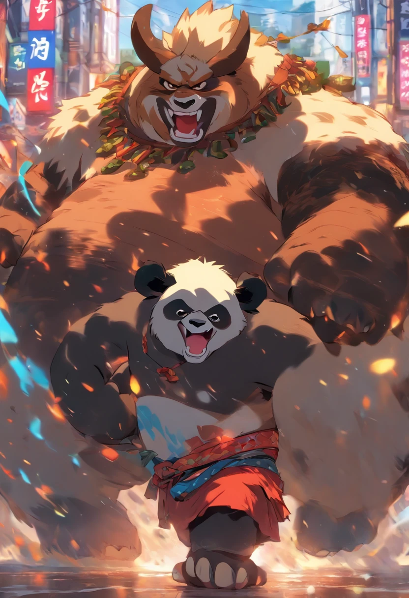 Panda beastman, em uma postura de luta de sumo, em uma rua, to stand, Panda-gigante, feroz, cicatrizes, close-up no panda no centro, 4K imagem, estilo de anime