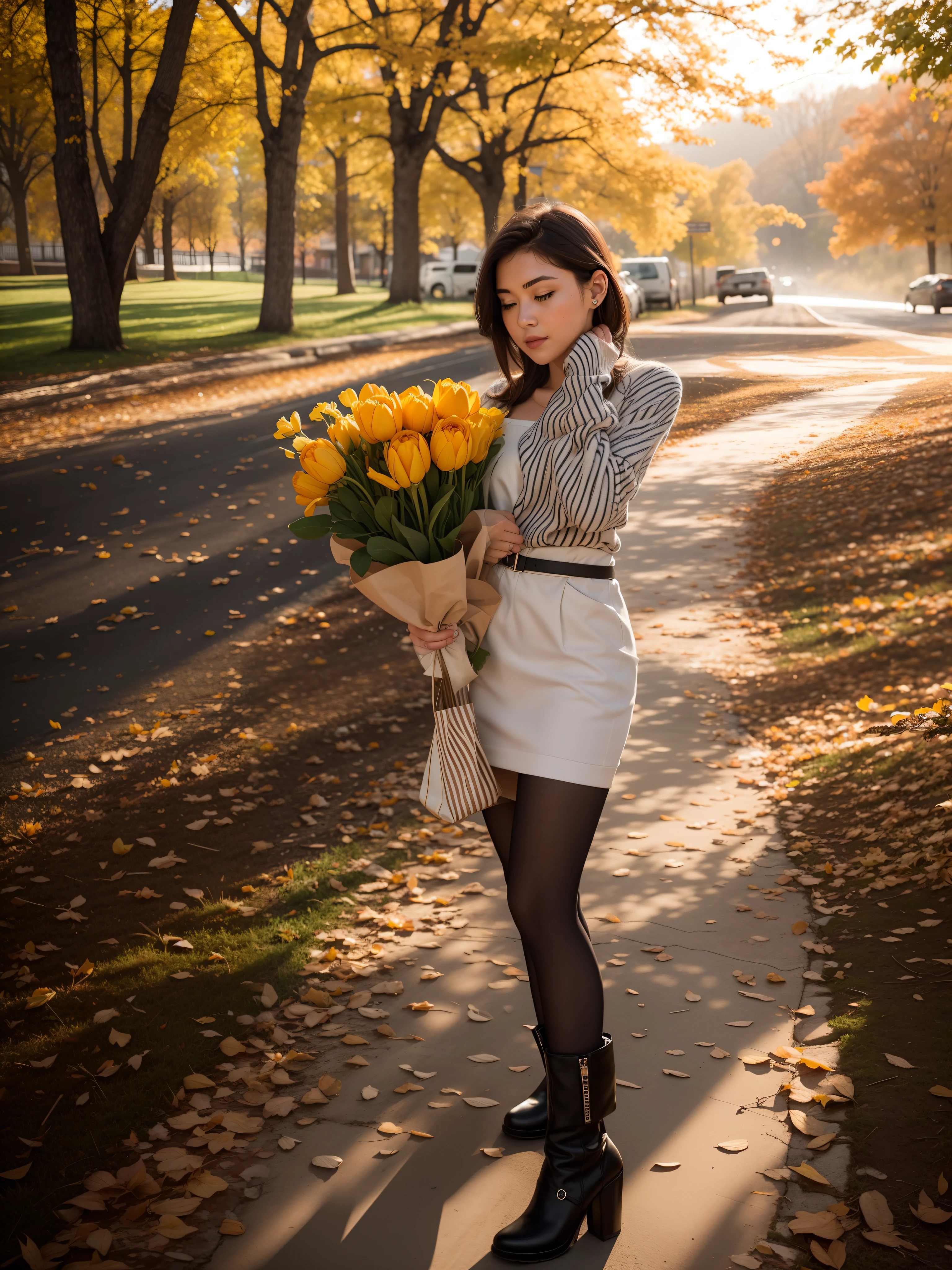 A woman is standing on the path, holding a bouquet of flowers, with flowers, autumn season, handsome girl, a handsome female, in the autumn, in the autumn, anna nikonova, beautiful sunny day, sweet woman, autum, autumn season, carrying flowers, Sweet girl, by Igor Grabar, very beautiful photo, in the autumn, Autumn Landscape, bokeh background